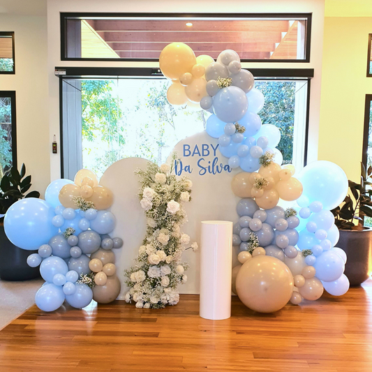 Elegant White & Blue Balloon & Floral Backdrop