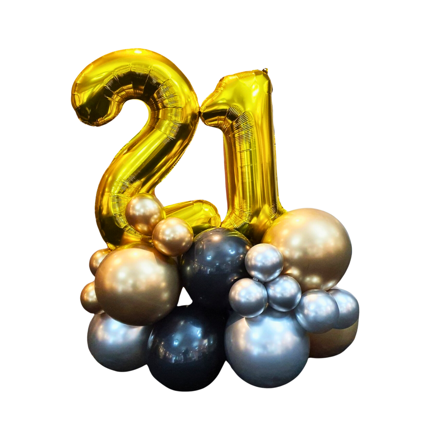 Golden '21' balloon with silver, gold, and black balloons on a white background. Prop hire, Prop hiring, Prop hire, event stylists Brisbane, brisbane event styling, brisbane event styling, event stylist Brisbane, Brisbane Wedding, Gold Coast Wedding, Floral Styling, Lush & Lavish Events, Brisbane Tablescape, Gold Coast Tablescapes, Brisbane Candle Hire