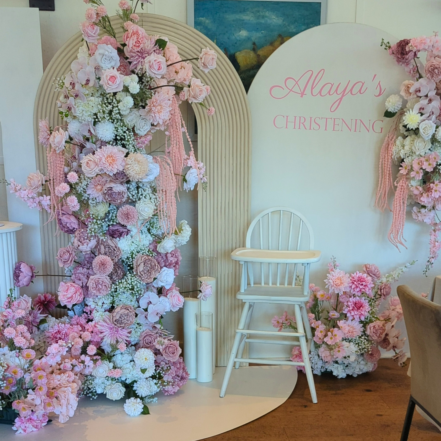 Lush Pink & White Floral Christening Backdrop