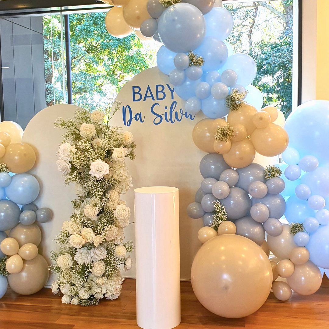 Elegant White & Blue Balloon & Floral Backdrop