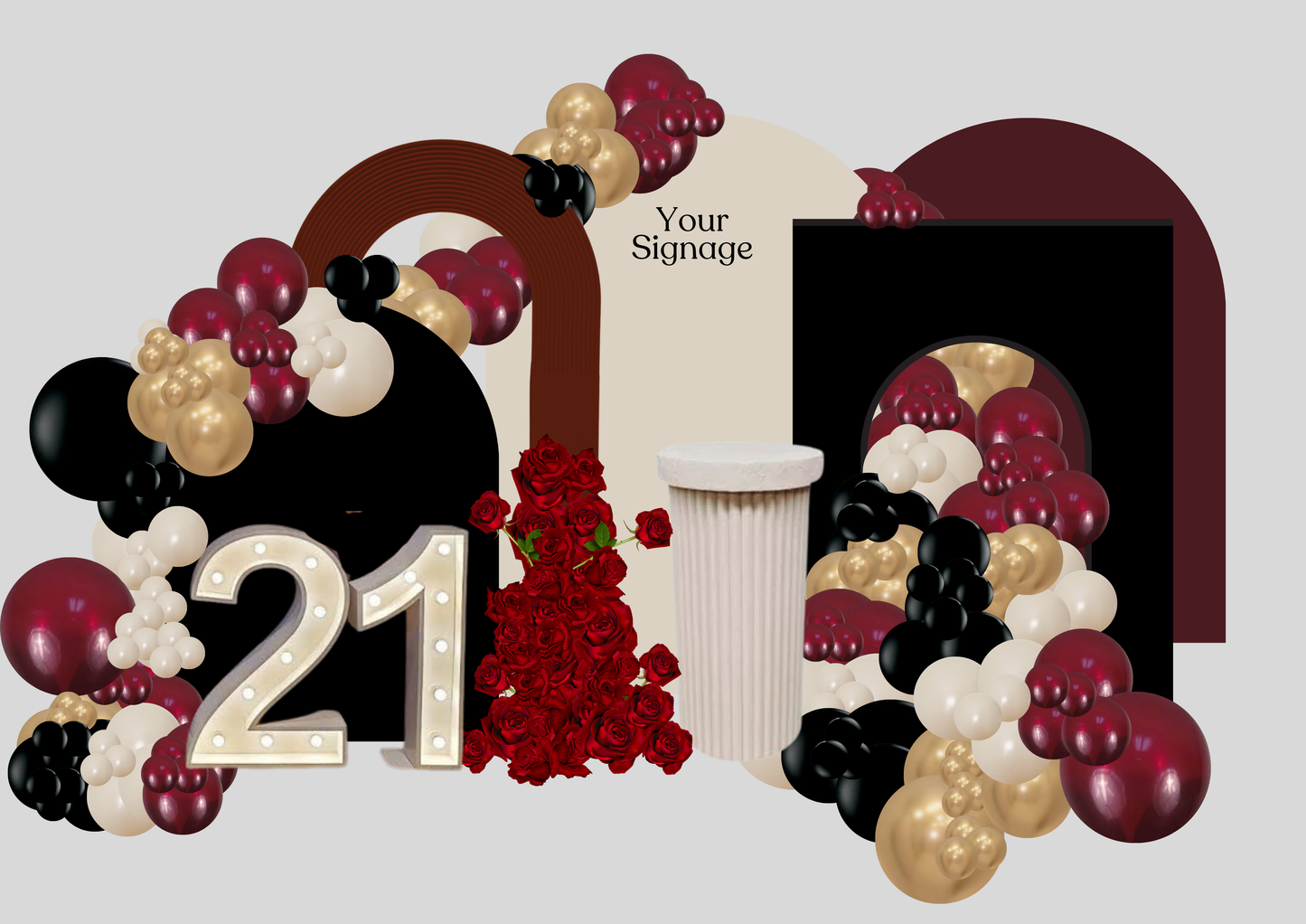 A large illuminated "21" surrounded by clusters of maroon, gold, black, and white balloons. A column pedestal with a bouquet of red roses and several arch-shaped backdrops enhance the festive decoration. The text "Your Signage" is displayed on one of the arches. Prop hire, Prop hiring, Prop hire, event stylists Brisbane, brisbane event styling, brisbane event styling, event stylist Brisbane, Brisbane Wedding, Gold Coast Wedding, Floral Styling, Lush & Lavish Events, Brisbane Corporate Styling