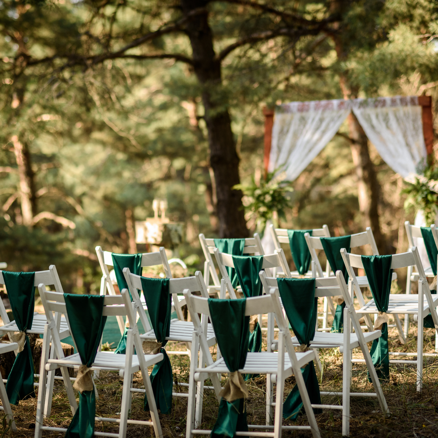 Outdoor wedding setup with white chairs draped in green fabric, a wooden arch with white drapery and greenery, set among tall trees in a forest. Prop hire, Prop hiring, Prop hire, event stylists Brisbane, brisbane event styling, brisbane event styling, event stylist Brisbane, Brisbane Wedding, Gold Coast Wedding, Floral Styling, Lush & Lavish Events