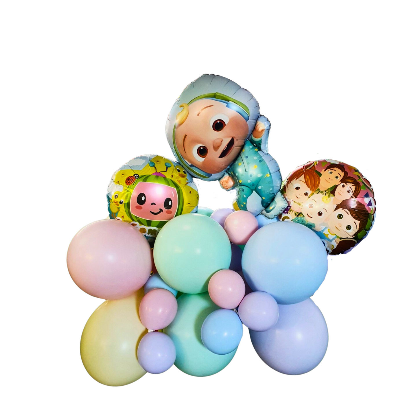 “Vibrant bouquet of balloons featuring popular children’s characters for Cocomelon, including a large balloon with a baby character in a blue onesie, surrounded by smaller balloons in various colorful designs and pastel shades. Perfect for children’s party decorations or festive gifts. Lush and Prop hire, Prop hiring, Prop hire, event stylists Brisbane, brisbane event styling, brisbane event styling, event stylist Brisbane, Brisbane Wedding, Gold Coast Wedding, Floral Styling, Lush & Lavish Events