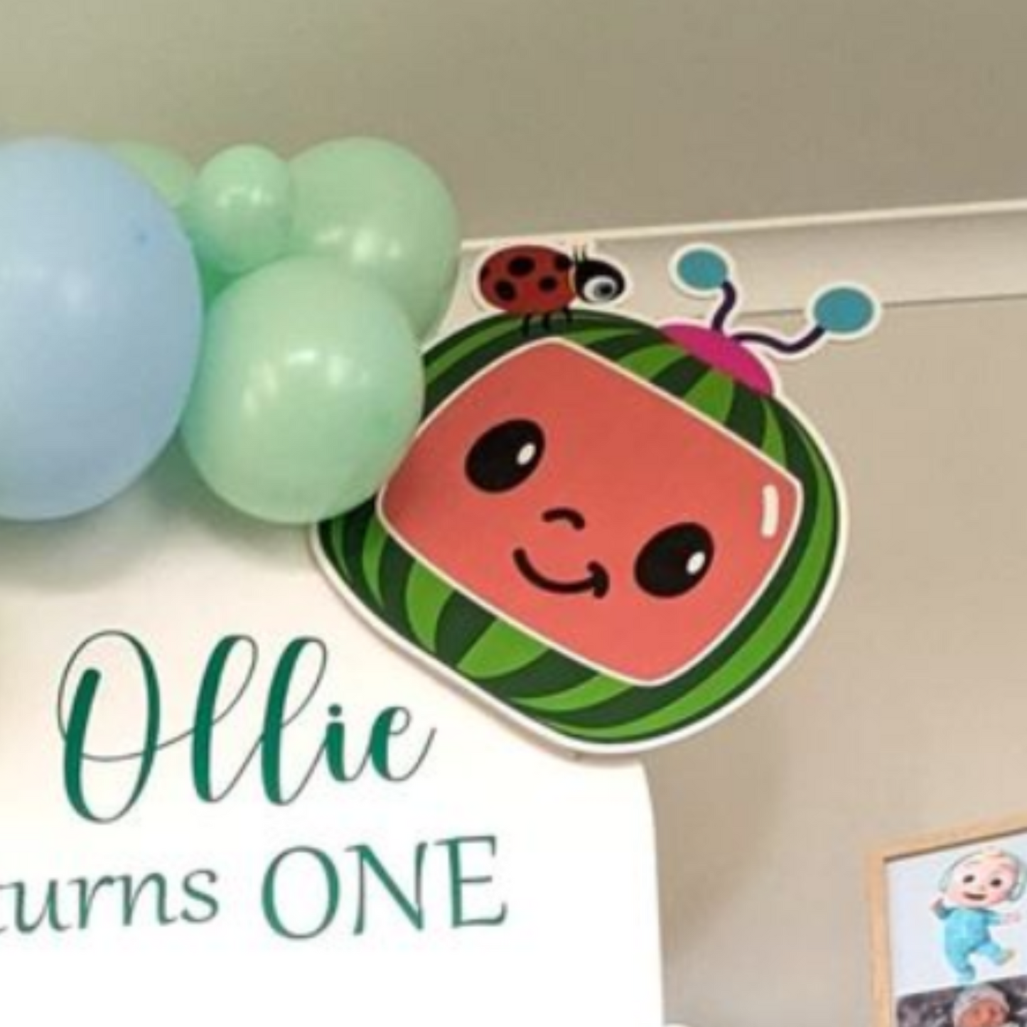 Melon from Cocomelon-themed birthday party decoration featuring a smiling watermelon cut-out with a ladybug and butterfly, hanging against a wall with pastel balloons and ‘Ollie turns ONE’ in elegant script below. Lush and Lavish Events Prop hire, Prop hiring, Prop hire, event stylists Brisbane, brisbane event styling, brisbane event styling, event stylist Brisbane, Brisbane Wedding, Gold Coast Wedding, Floral Styling, Lush & Lavish Events