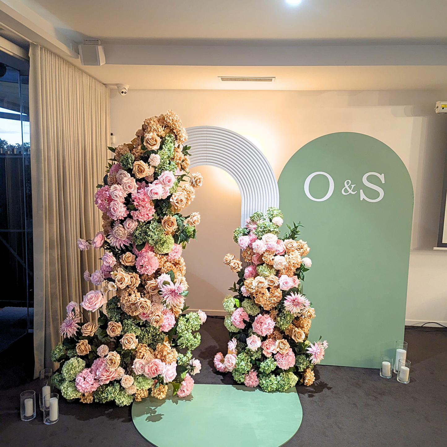Pink and peach floral monogram backdrop with half-arch. Prop hire, Prop hiring, Prop hire, event stylists Brisbane, brisbane event styling, brisbane event styling, event stylist Brisbane, Brisbane Wedding, Gold Coast Wedding, Floral Styling, Lush & Lavish Events, Brisbane Tablescape, Gold Coast Tablescapes, Brisbane Candle Hire