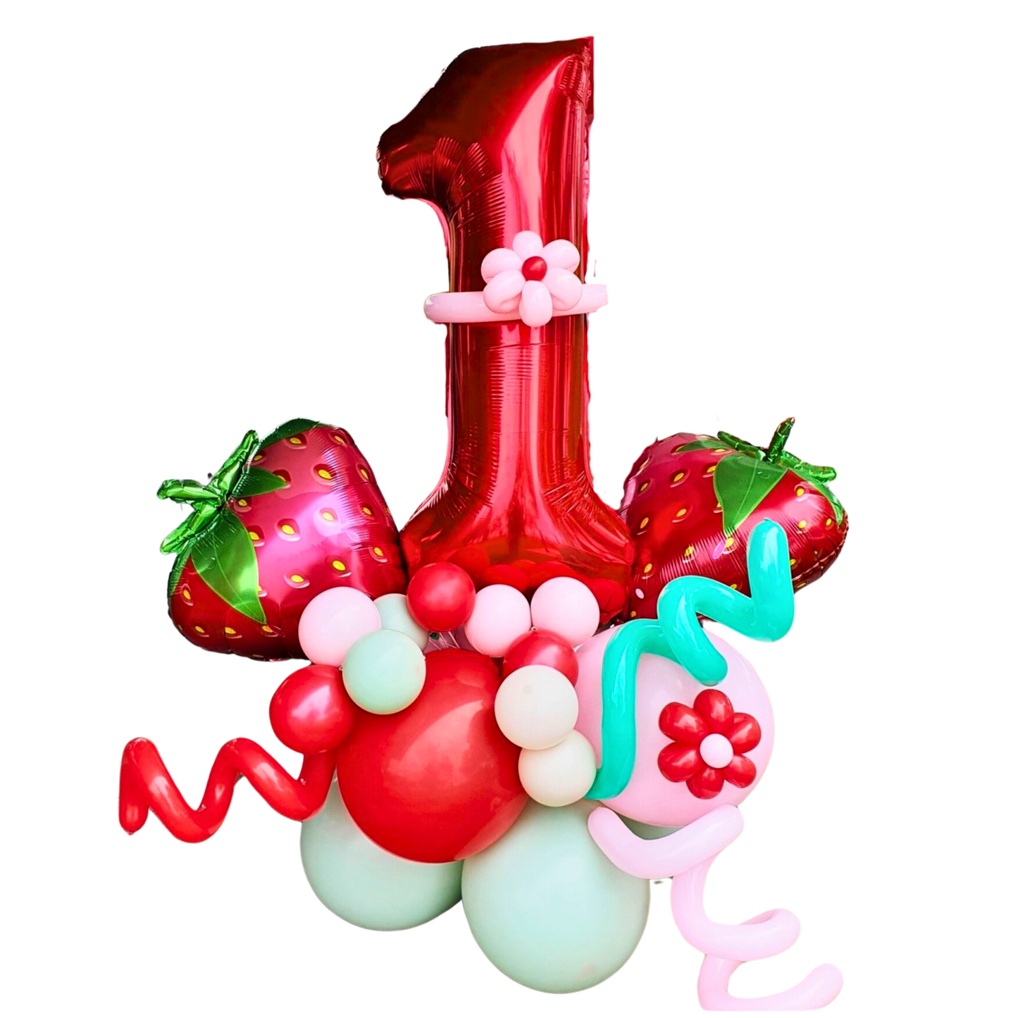 A vibrant strawberry-themed balloon bouquet features a large red number 1 balloon, oversized strawberry balloons, and an assortment of pink, white, and mint green balloons. This festive arrangement is perfect for first birthday celebrations or strawberry-themed parties. Prop hire, Prop hiring, Prop hire, event stylists Brisbane, brisbane event styling, brisbane event styling, event stylist Brisbane, Brisbane Wedding, Gold Coast Wedding, Floral Styling, Lush & Lavish Events, Brisbane Tablescape, Gold Coast T