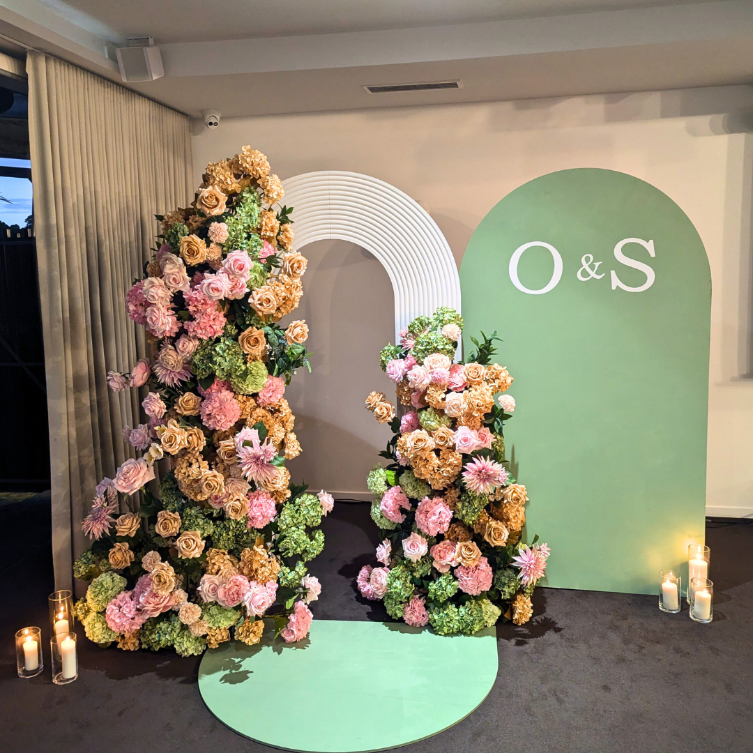 Green, beige & Pink Floral Wedding Reception Backdrop