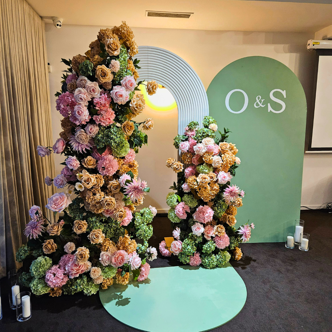 Green, beige & Pink Floral Wedding Reception Backdrop