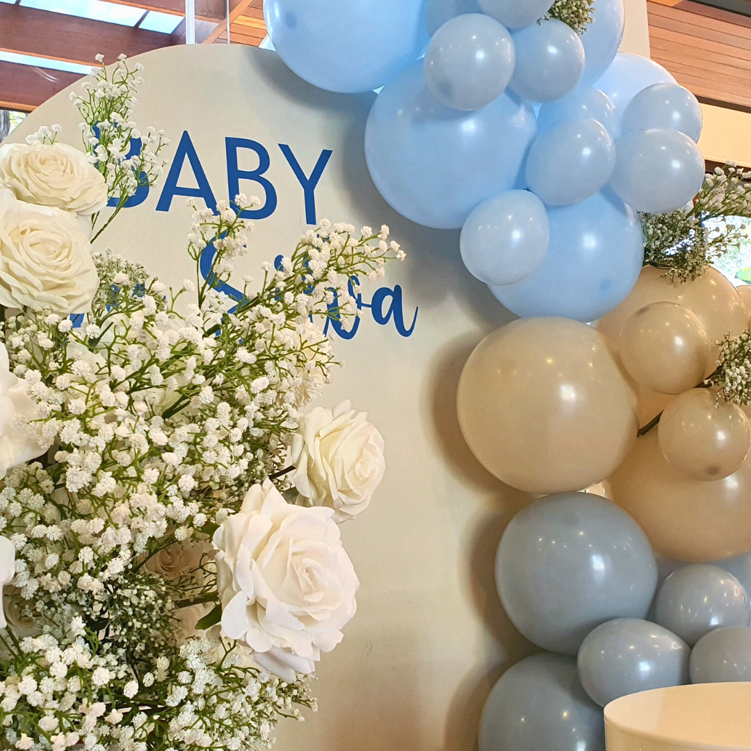 Elegant White & Blue Balloon & Floral Backdrop