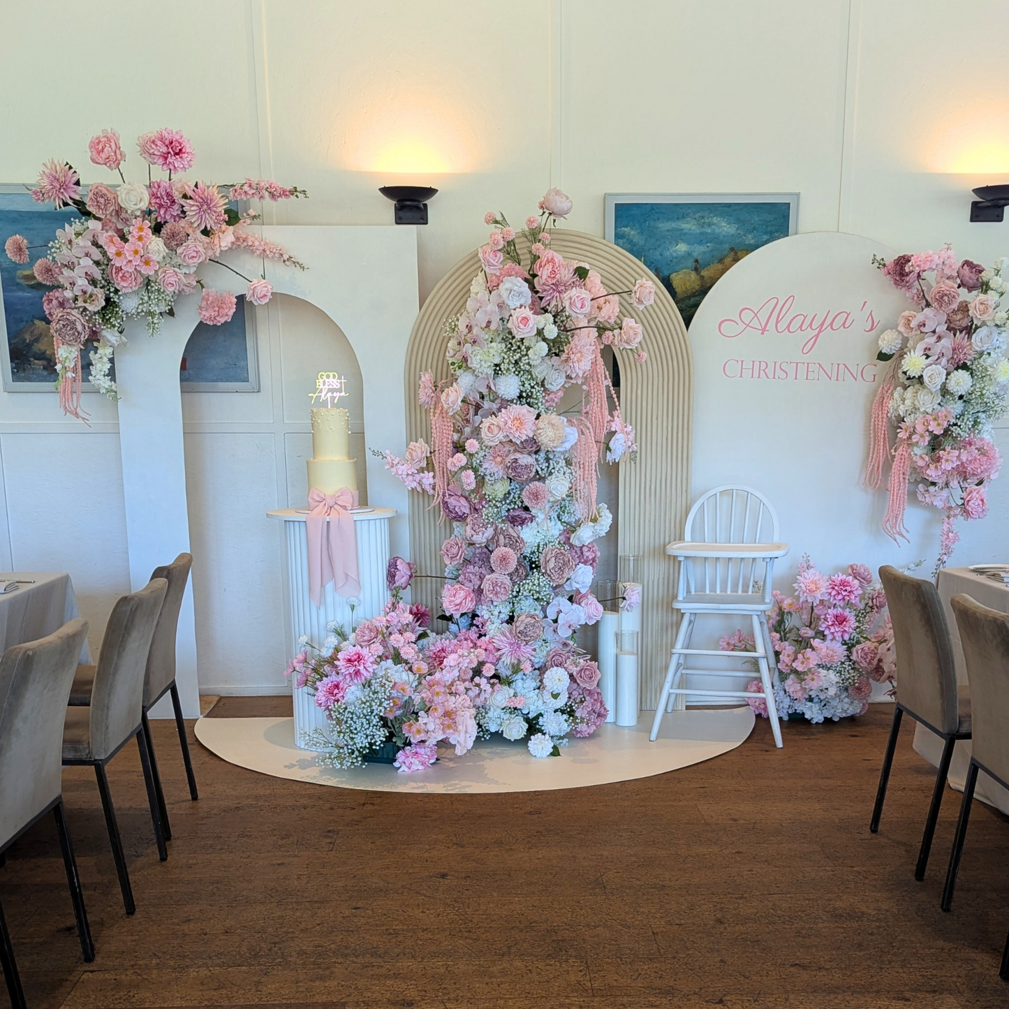 Lush Pink & White Floral Christening Backdrop