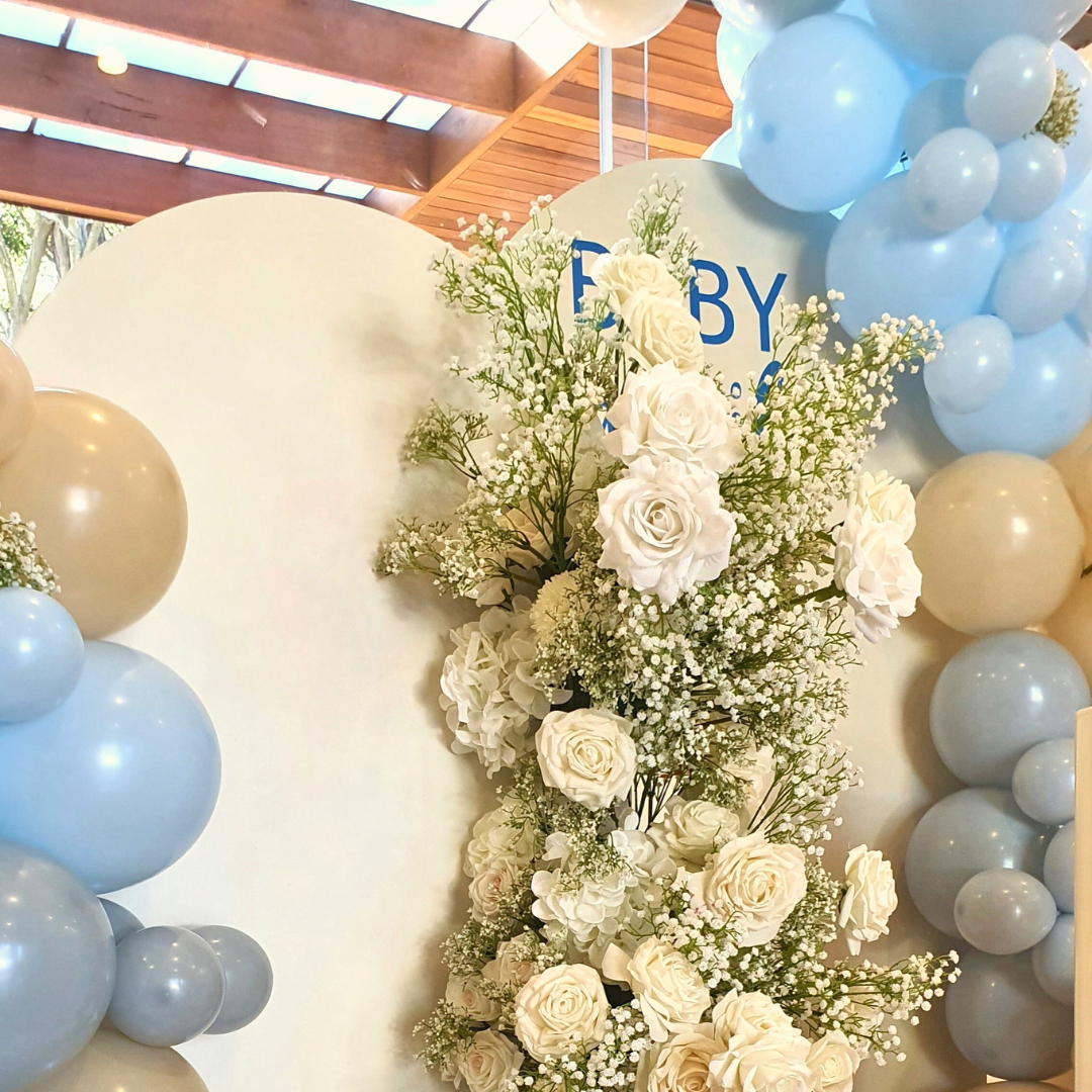 Elegant White & Blue Balloon & Floral Backdrop