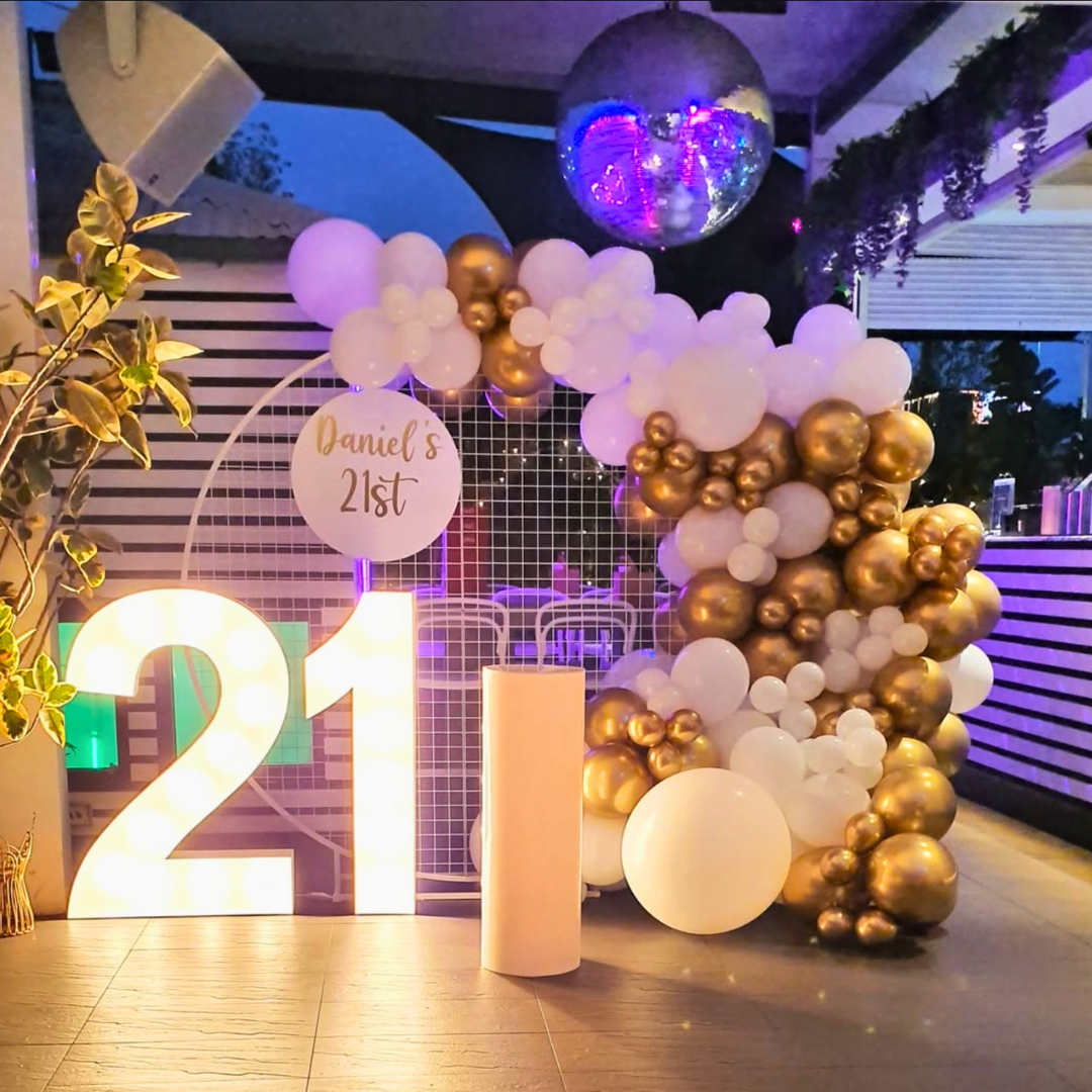 Glamourous White & Gold 21st Balloon Backdrop
