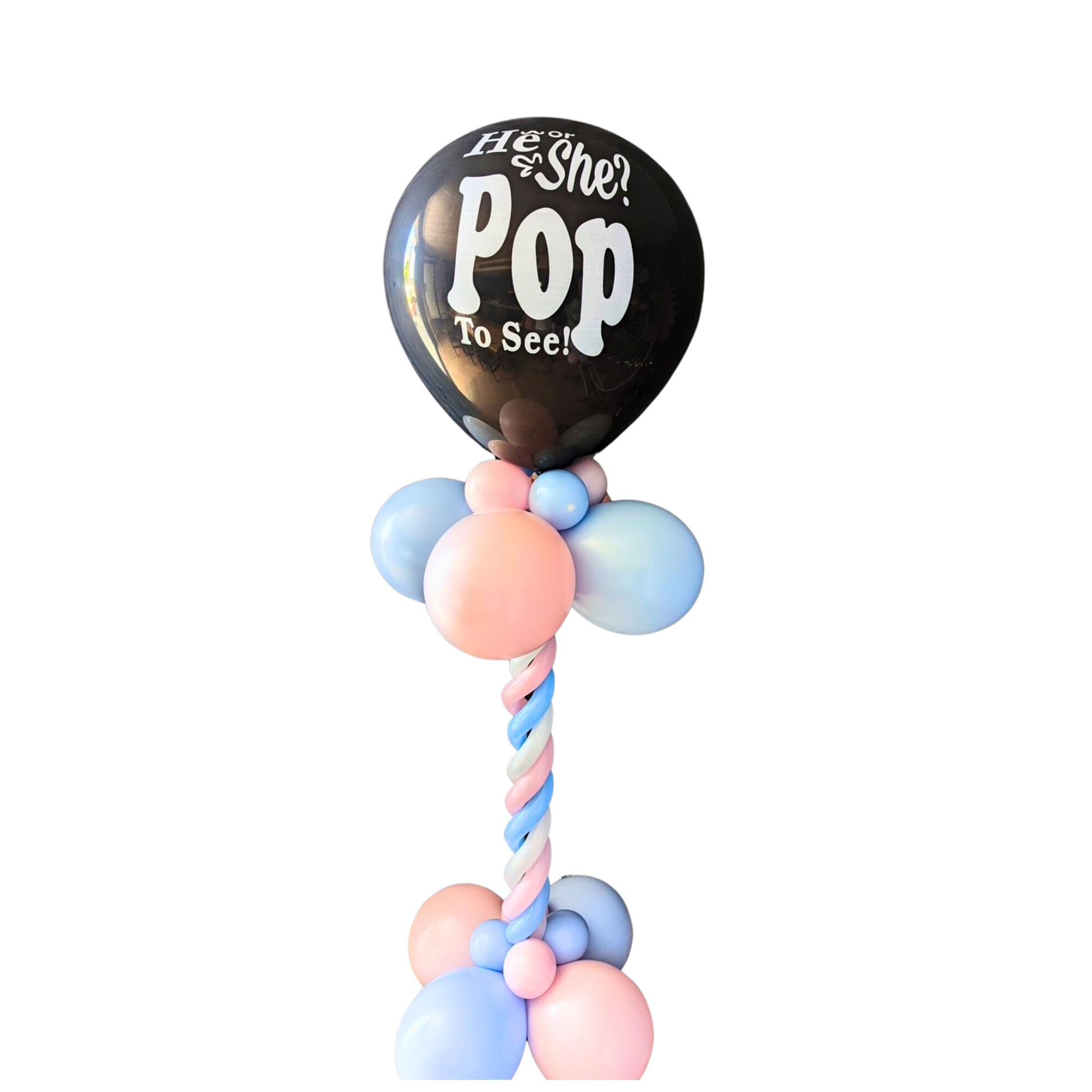 Gender reveal bouquet with a large black balloon reading ‘He or She? Pop to See,’ surrounded by pink and blue balloons on a twisted white and blue string. Prop hire, Prop hiring, Prop hire, event stylists Brisbane, brisbane event styling, brisbane event styling, event stylist Brisbane, Brisbane Wedding, Gold Coast Wedding, Floral Styling, Lush & Lavish Events, Brisbane Tablescape, Gold Coast Tablescapes, Brisbane Candle Hire