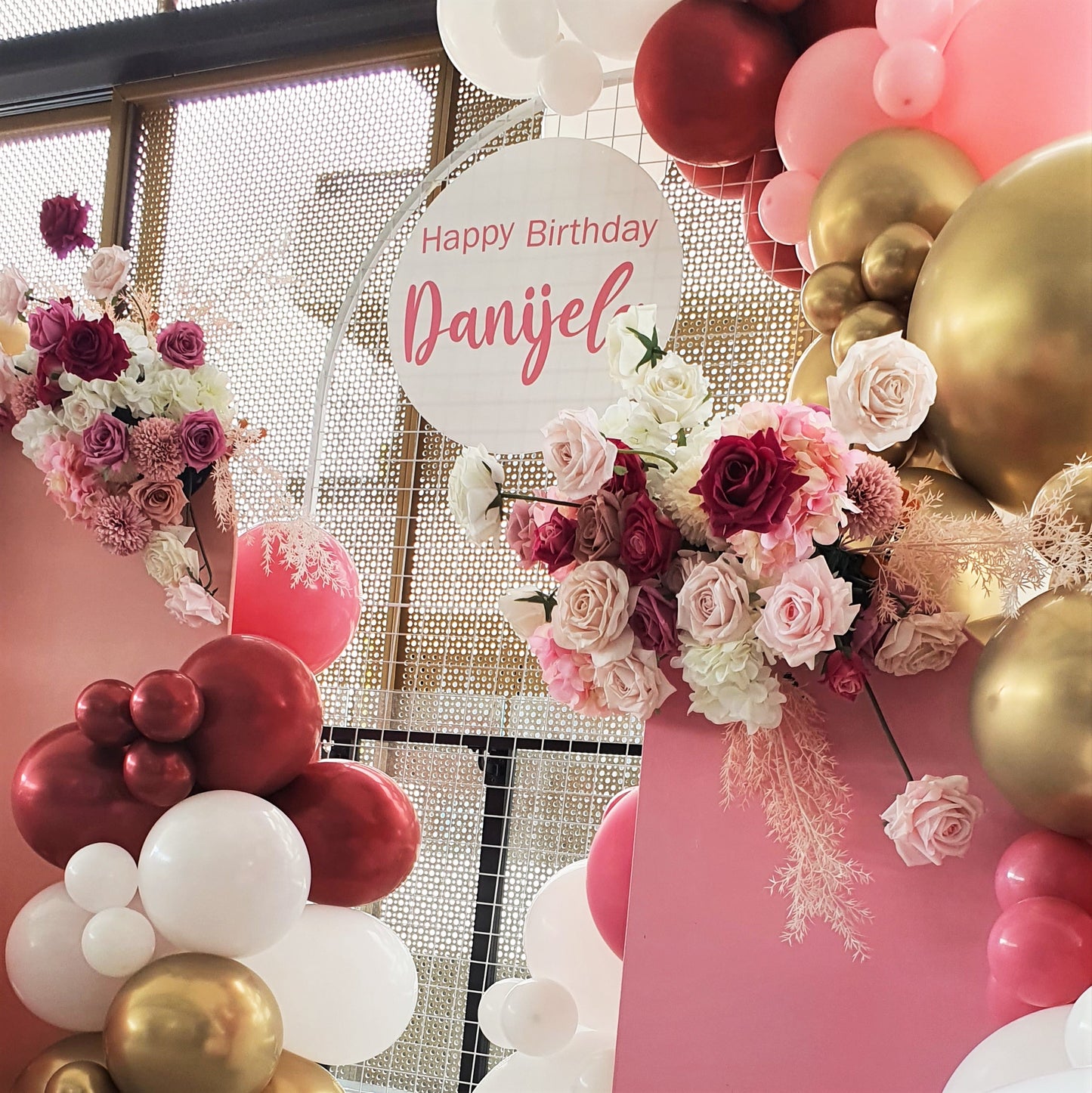 "Happy Birthday Danijela" sign with pink, white, and gold balloons and floral arrangements. Prop hire, Prop hiring, Prop hire, event stylists Brisbane, brisbane event styling, brisbane event styling, event stylist Brisbane, Brisbane Wedding, Gold Coast Wedding, Floral Styling, Lush & Lavish Events, Brisbane Tablescape, Gold Coast Tablescapes, Brisbane Candle Hire