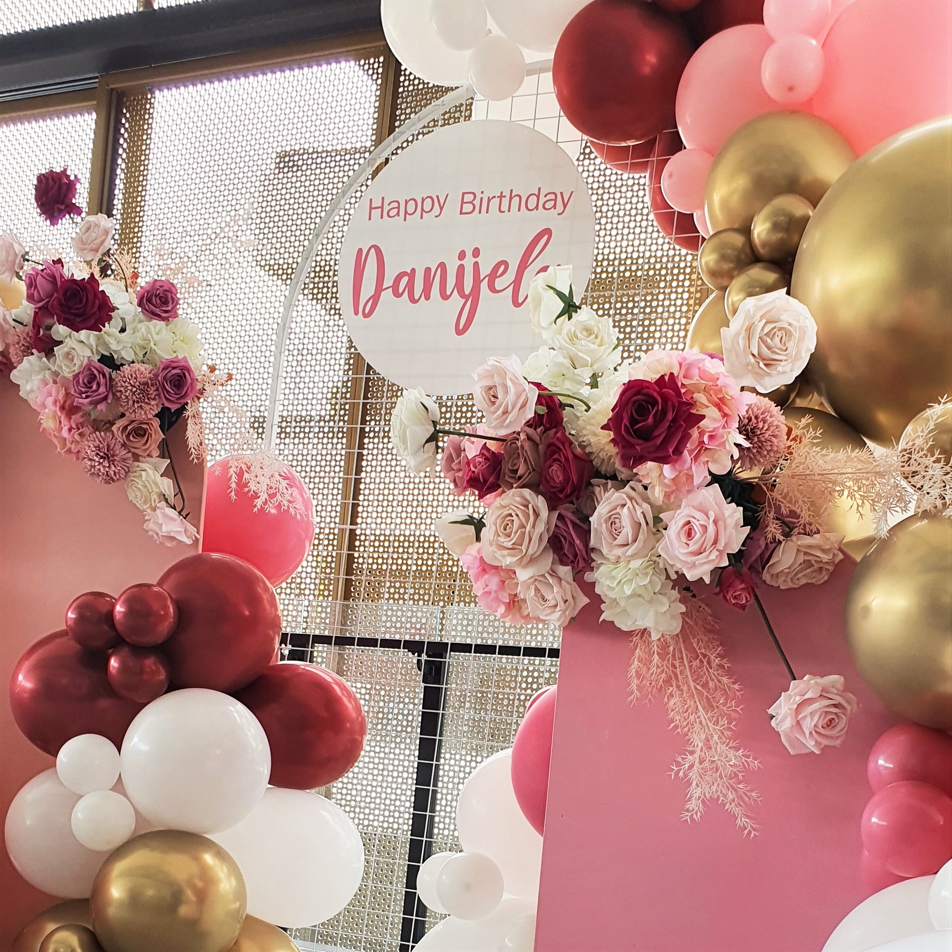 "Happy Birthday Danijela" sign with pink, white, and gold balloons and floral arrangements. Prop hire, Prop hiring, Prop hire, event stylists Brisbane, brisbane event styling, brisbane event styling, event stylist Brisbane, Brisbane Wedding, Gold Coast Wedding, Floral Styling, Lush & Lavish Events, Brisbane Tablescape, Gold Coast Tablescapes, Brisbane Candle Hire