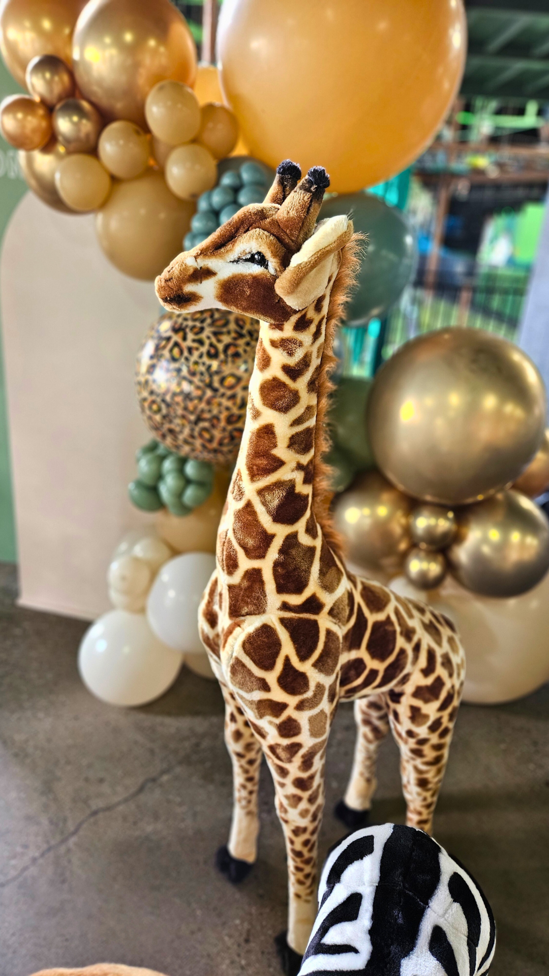 A large giraffe plush toy stands in front of a balloon arch with gold, green, and white balloons. There is also a smaller zebra plush toy visible in the foreground. Prop hire, Prop hiring, Prop hire, event stylists Brisbane, brisbane event styling, brisbane event styling, event stylist Brisbane, Brisbane Wedding, Gold Coast Wedding, Floral Styling, Lush & Lavish Events, Brisbane Tablescape, Gold Coast Tablescapes, Brisbane Candle Hire