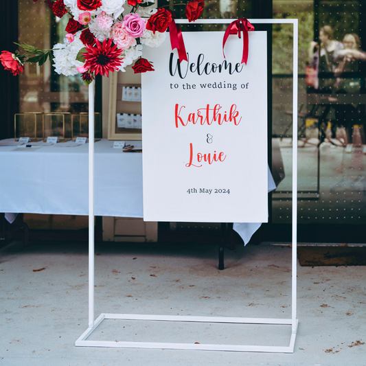Wedding sign "Welcome to the wedding of Karthik & Louie 4th May 2024" with floral arrangement. Prop hire, Prop hiring, Prop hire, event stylists Brisbane, brisbane event styling, brisbane event styling, event stylist Brisbane, Brisbane Wedding, Gold Coast Wedding, Floral Styling, Lush & Lavish Events, Brisbane Corporate Styling, Gold Coast Corporate Styling, Brisbane Brand Activation, Gold Coast Tablescapes, Brisbane Candle Hire
