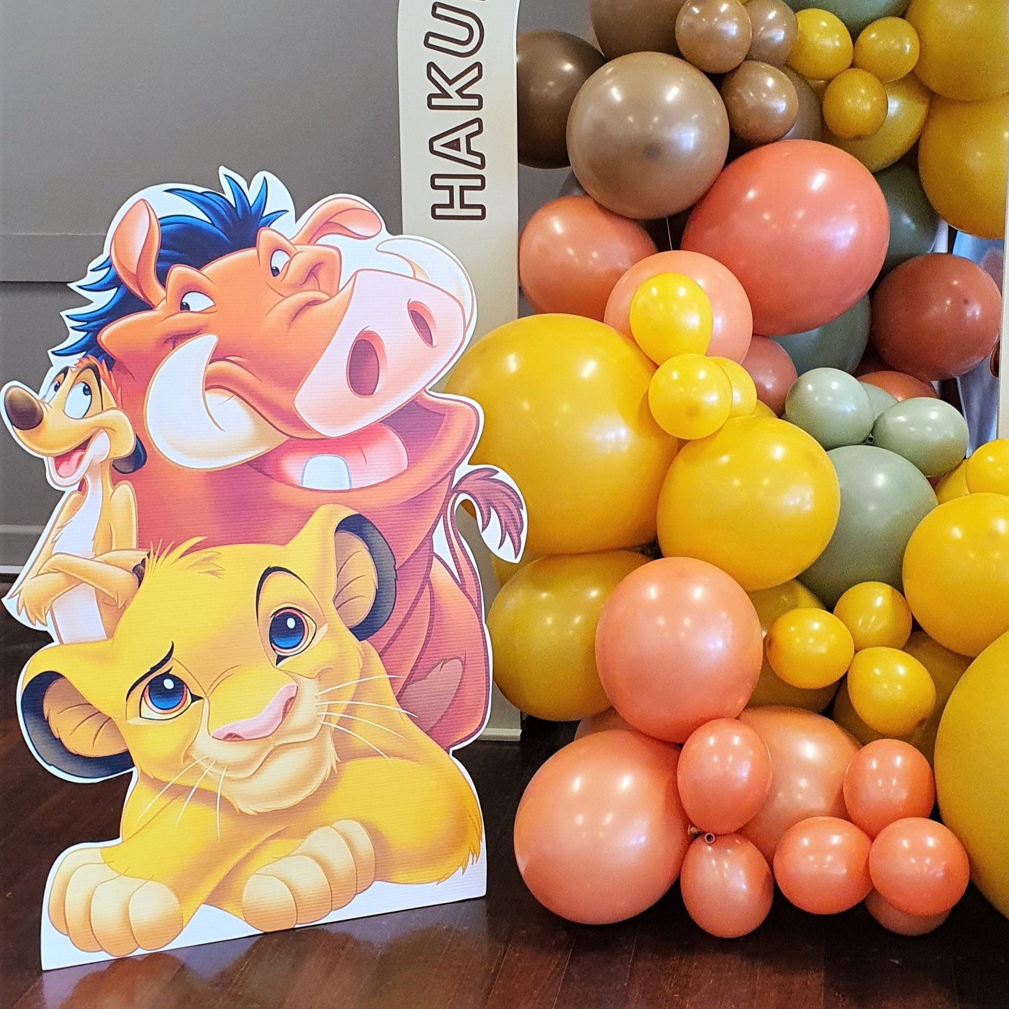 Simba, Timon, and Pumbaa cutout with colorful balloons. Prop hire, Prop hiring, Prop hire, event stylists Brisbane, brisbane event styling, brisbane event styling, event stylist Brisbane, Brisbane Wedding, Gold Coast Wedding, Floral Styling, Lush & Lavish Events, Brisbane Tablescape, Gold Coast Tablescapes, Brisbane Candle Hire