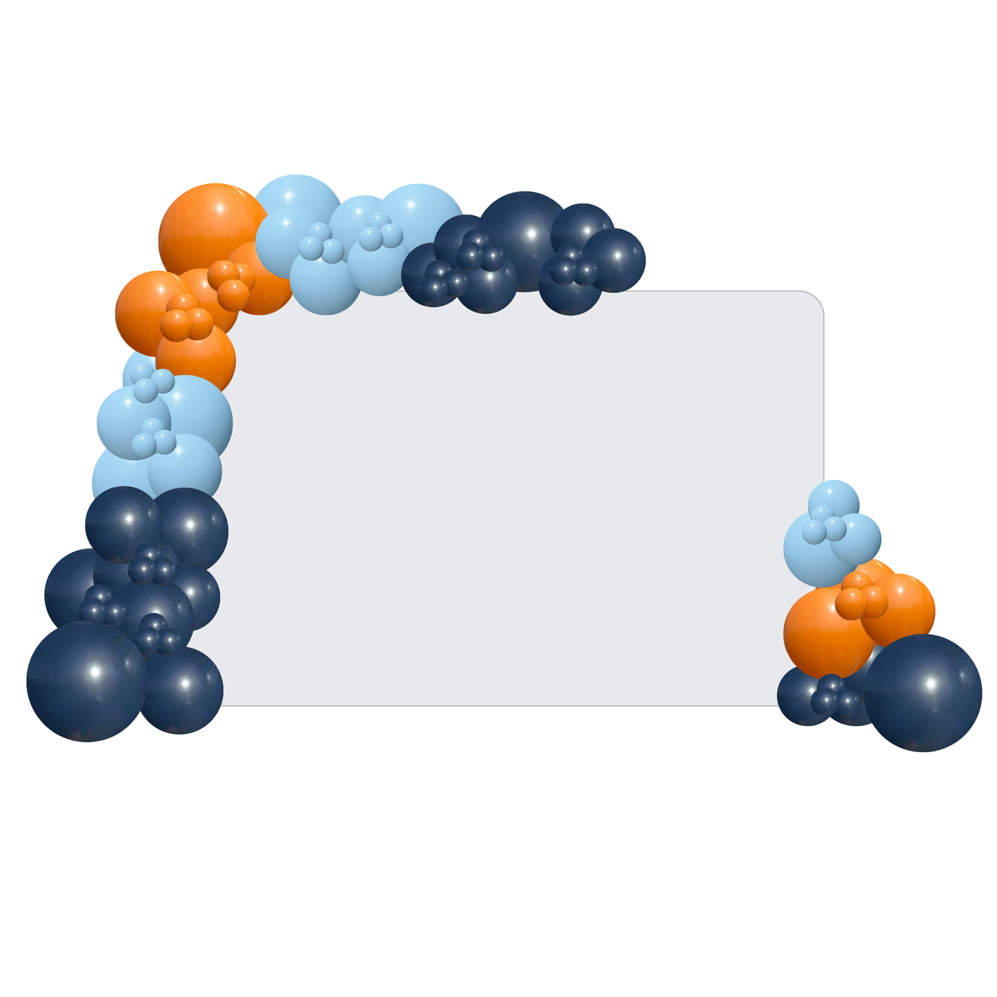 Balloon arch with blue, orange, and light blue balloons on a white background. media wall balloon styling, balloon garland installation, corporate balloon styling, brand activation balloons, media wall styling service, campaign balloon install, branded event styling, product launch balloon decor, PR event styling balloons, corporate event decor hire, balloon installation service, event styling brisbane, balloon styling brisbane, corporate events brisbane, brand activation brisbane, event styling gold coast,