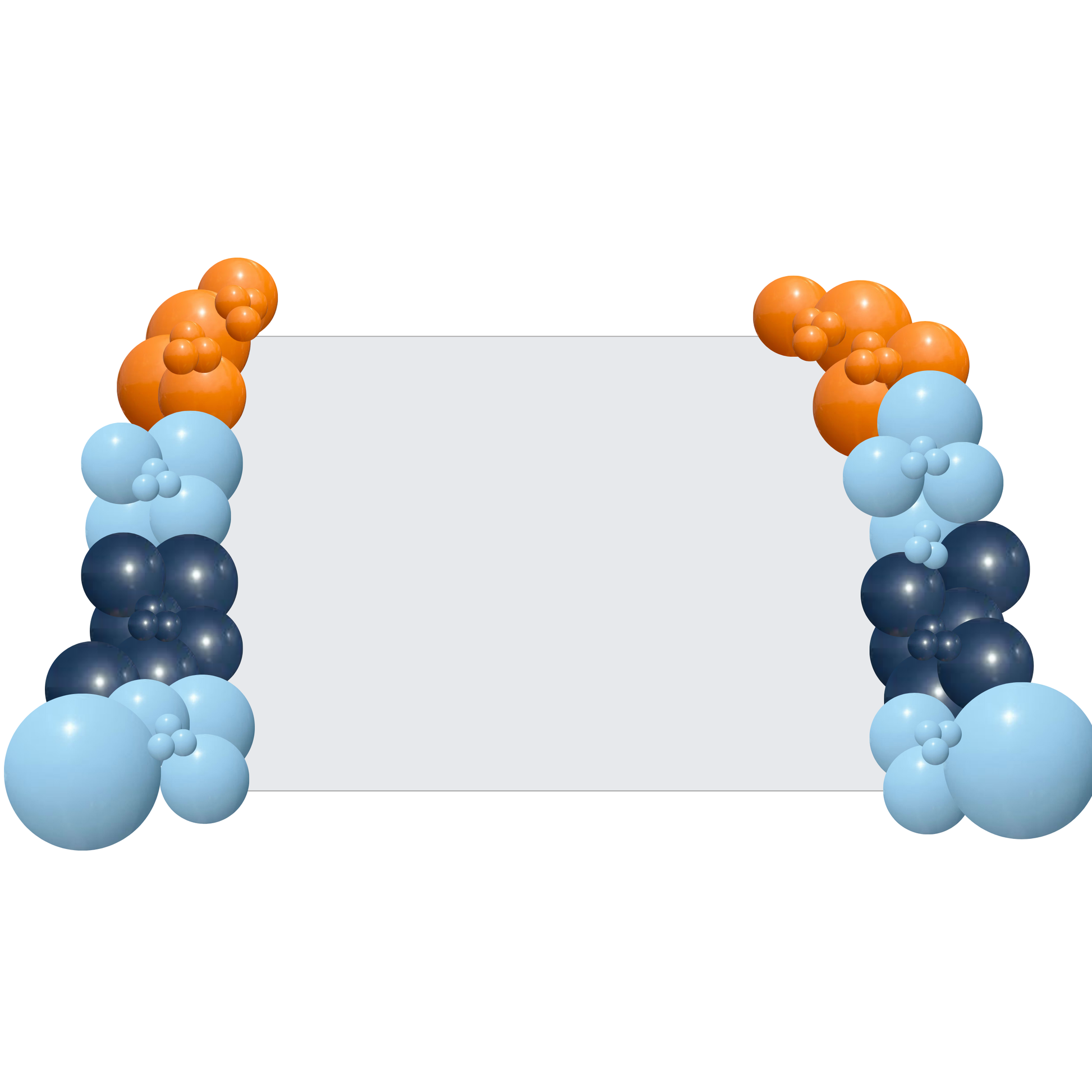 Balloon arch with blue and orange balloons on a white background. media wall balloon styling, balloon garland installation, corporate balloon styling, brand activation balloons, media wall styling service, campaign balloon install, branded event styling, product launch balloon decor, PR event styling balloons, corporate event decor hire, balloon installation service, event styling brisbane, balloon styling brisbane, corporate events brisbane, brand activation brisbane, event styling gold coast, balloon inst