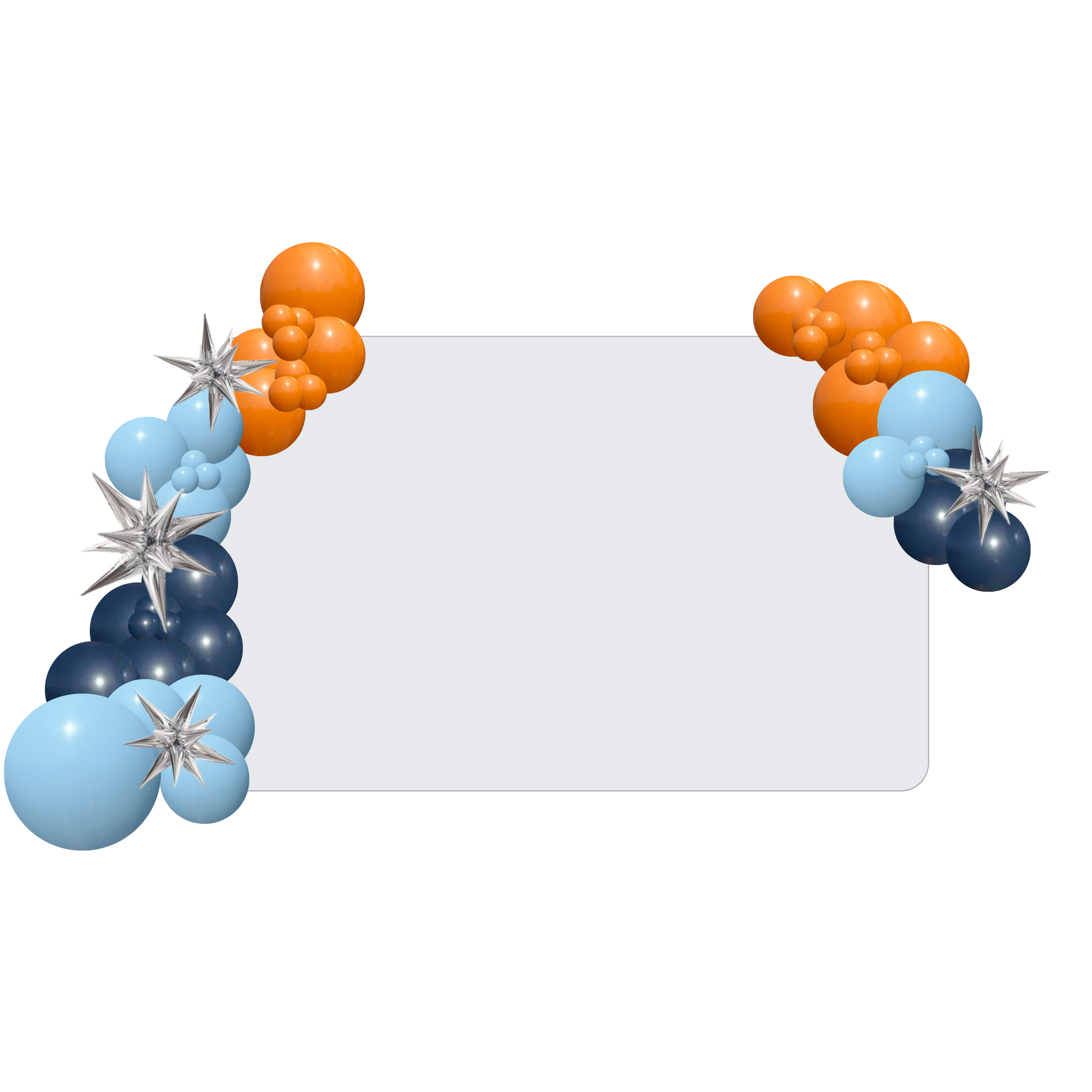 Balloon arch with blue, orange, and silver balloons on a white background. media wall balloon styling, balloon garland installation, corporate balloon styling, brand activation balloons, media wall styling service, campaign balloon install, branded event styling, product launch balloon decor, PR event styling balloons, corporate event decor hire, balloon installation service, event styling brisbane, balloon styling brisbane, corporate events brisbane, brand activation brisbane, event styling gold coast, bal