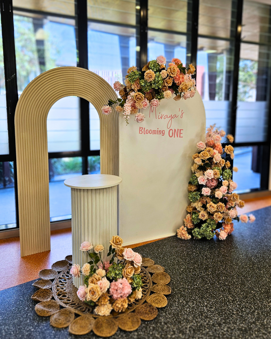 Floral backdrop in green, pink and neutral, signage "Miraja's Blooming ONE" Prop hire, Prop hiring, Prop hire, event stylists Brisbane, brisbane event styling, brisbane event styling, event stylist Brisbane, Brisbane Wedding, Gold Coast Wedding, Floral Styling, Lush & Lavish Events, Brisbane Corporate Styling, Gold Coast Corporate Styling, Brisbane Brand Activation, Gold Coast Tablescapes, Brisbane Candle Hire