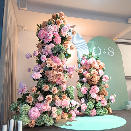 Pink and peach floral arch with hydrangeas and greenery. Prop hire, Prop hiring, Prop hire, event stylists Brisbane, brisbane event styling, brisbane event styling, event stylist Brisbane, Brisbane Wedding, Gold Coast Wedding, Floral Styling, Lush & Lavish Events, Brisbane Tablescape, Gold Coast Tablescapes, Brisbane Candle Hire