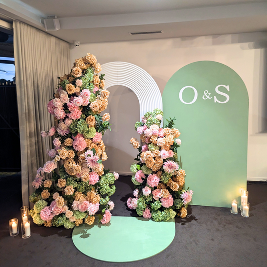 Asymmetrical floral arrangement with 'O&S' monogram. Prop hire, Prop hiring, Prop hire, event stylists Brisbane, brisbane event styling, brisbane event styling, event stylist Brisbane, Brisbane Wedding, Gold Coast Wedding, Floral Styling, Lush & Lavish Events, Brisbane Tablescape, Gold Coast Tablescapes, Brisbane Candle Hire
