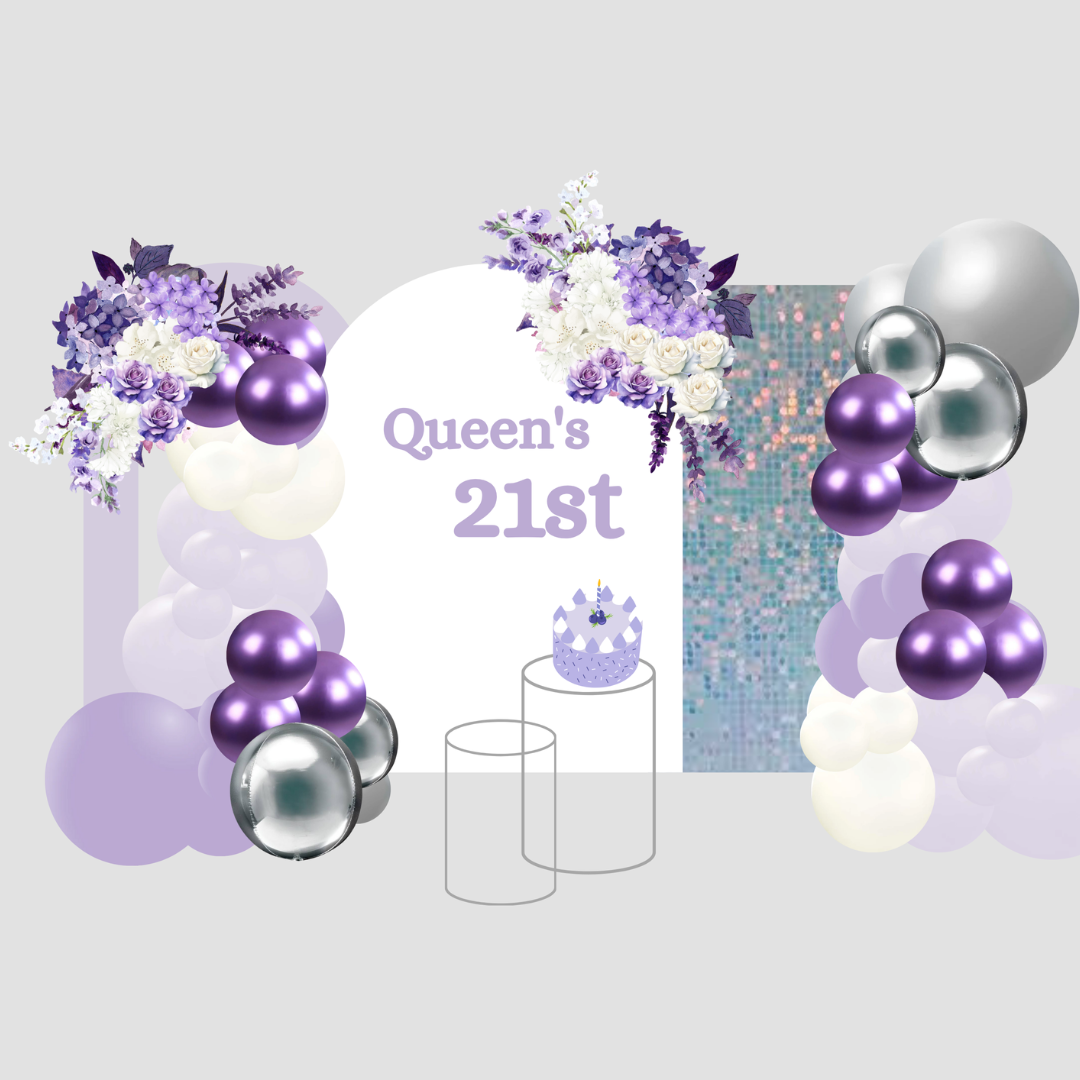 Purple, white silver floral and balloon backdrop with an iridescent shimmer wall. Signage says "Queen's 21st" with large LED lights. Prop hire, Prop hiring, Prop hire, event stylists Brisbane, brisbane event styling, brisbane event styling, event stylist Brisbane, Brisbane Wedding, Gold Coast Wedding, Floral Styling, Lush & Lavish Events, Brisbane Corporate Styling, Gold Coast Corporate Styling, Brisbane Brand Activation, Gold Coast Tablescapes, Brisbane Candle Hire