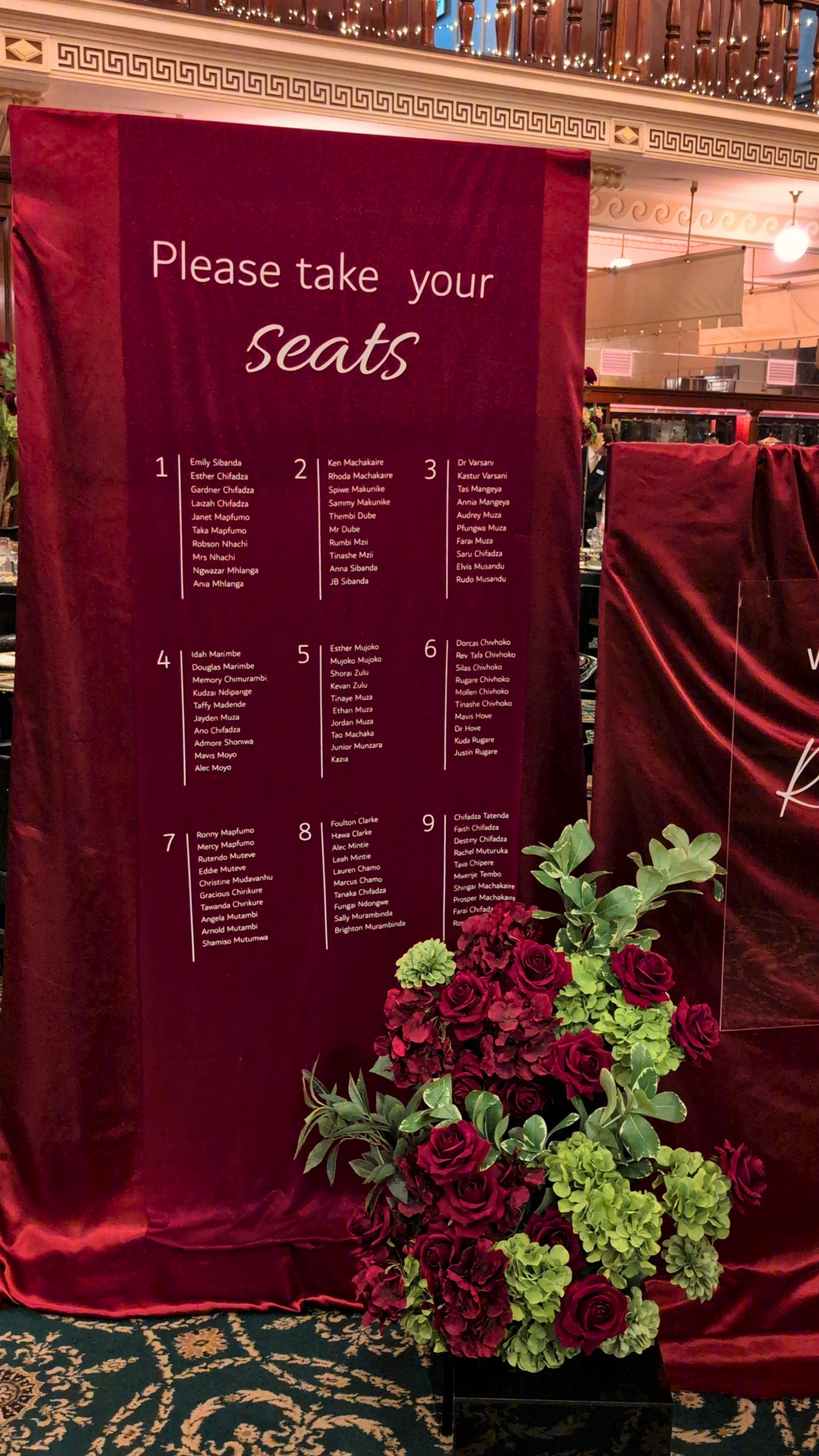 Maroon seating chart with floral arrangement in a formal setting. brisbane event styling, brisbane event planner, brisbane on the day coordination, brisbane 50th birthday styling, luxury event styling brisbane, brisbane birthday event planner, event stylist brisbane australia, brisbane venue styling ideas, elegant birthday styling brisbane, brisbane event design services, corporate event styling brisbane, brisbane party stylist, moody event styling brisbane, brisbane event coordination services