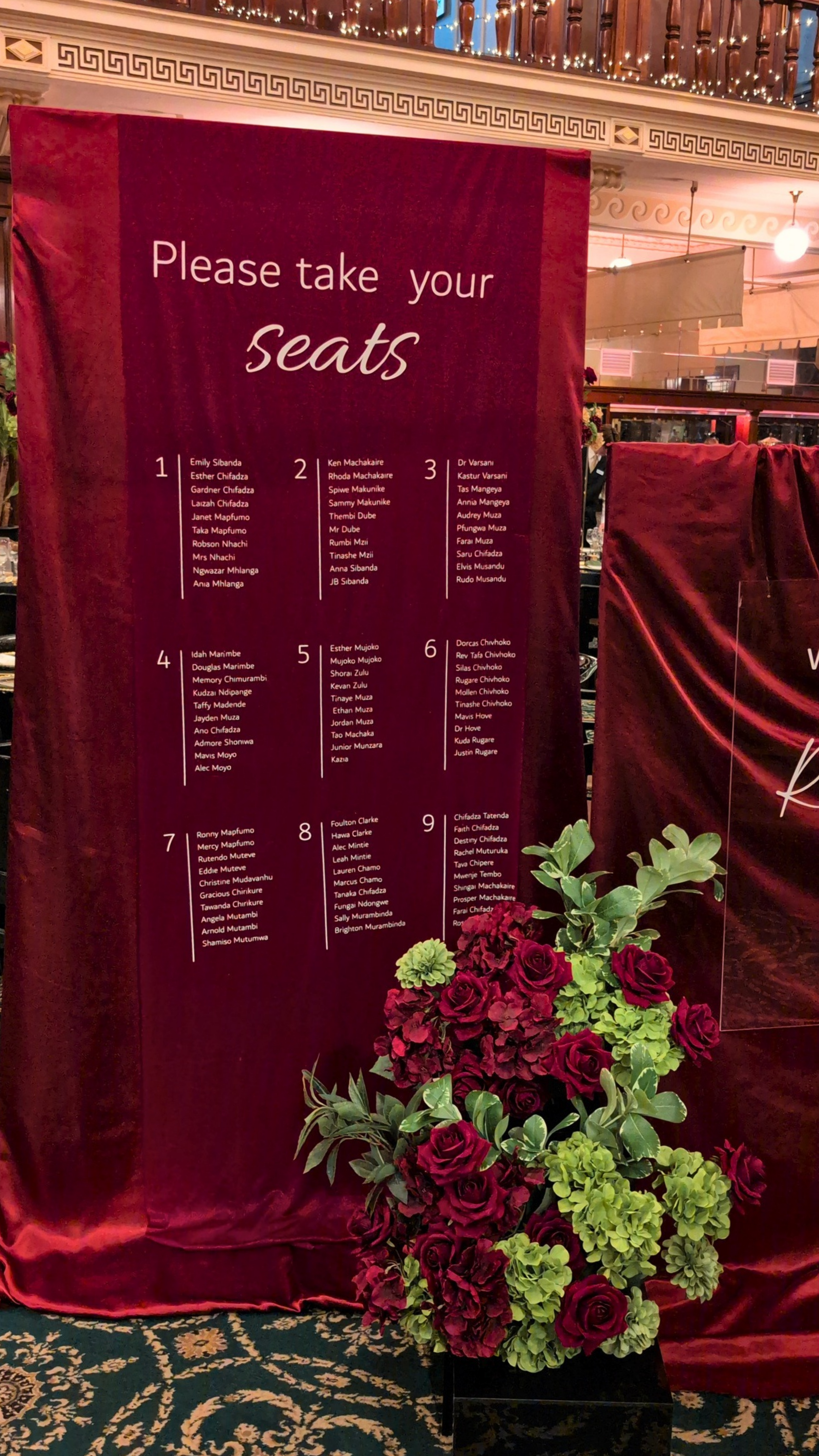 Maroon seating chart with floral arrangement in a formal setting. brisbane event styling, brisbane event planner, brisbane on the day coordination, brisbane 50th birthday styling, luxury event styling brisbane, brisbane birthday event planner, event stylist brisbane australia, brisbane venue styling ideas, elegant birthday styling brisbane, brisbane event design services, corporate event styling brisbane, brisbane party stylist, moody event styling brisbane, brisbane event coordination services