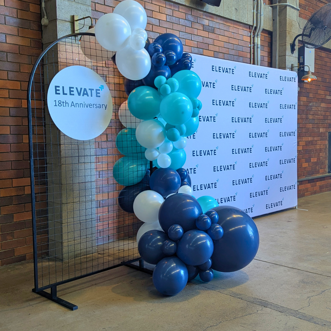 Branded Mesh Arch with Balloon Garland for corporate events