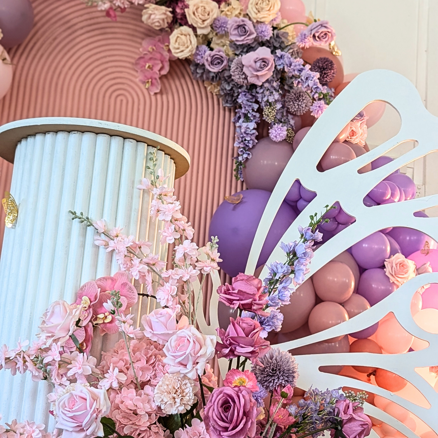Butterfly Balloon and Floral Backdrop