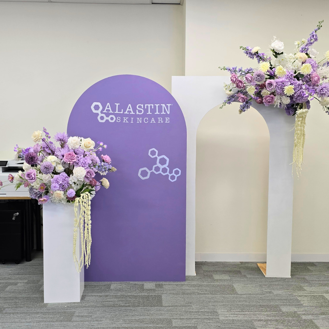 Alastin Skincare display with floral arrangements in a room setting. Prop hire, Prop hiring, Prop hire, event stylists Brisbane, brisbane event styling, brisbane event styling, event stylist Brisbane, Brisbane Wedding, Gold Coast Wedding, Floral Styling, Lush & Lavish Events, Brisbane Corporate Styling, Gold Coast Corporate Styling, Brisbane Brand Activation, Gold Coast Tablescapes, Brisbane Candle Hire