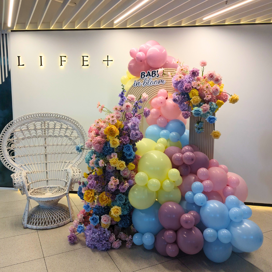 Hollow ripple arch with multicoloured luxe balloon garland and multicoloured floral arrangements. Prop hire, Prop hiring, Prop hire, event stylists Brisbane, brisbane event styling, brisbane event styling, event stylist Brisbane, Brisbane Wedding, Gold Coast Wedding, Floral Styling, Lush & Lavish Events, Brisbane Corporate Styling, Gold Coast Corporate Styling, Brisbane Brand Activation, Gold Coast Tablescapes, Brisbane Candle Hire