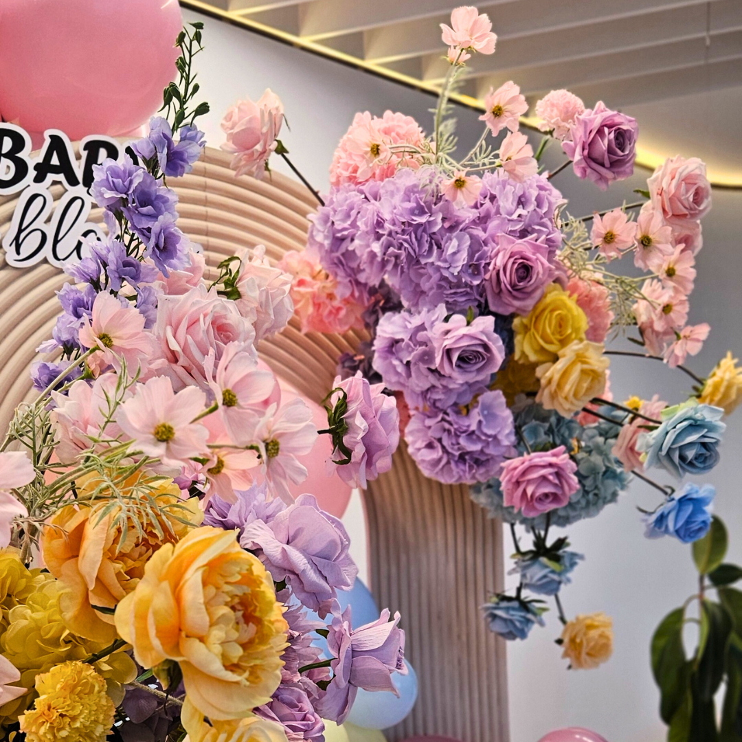 Hollow ripple arch with multicoloured luxe balloon garland and multicoloured floral arrangements. Prop hire, Prop hiring, Prop hire, event stylists Brisbane, brisbane event styling, brisbane event styling, event stylist Brisbane, Brisbane Wedding, Gold Coast Wedding, Floral Styling, Lush & Lavish Events, Brisbane Corporate Styling, Gold Coast Corporate Styling, Brisbane Brand Activation, Gold Coast Tablescapes, Brisbane Candle Hire