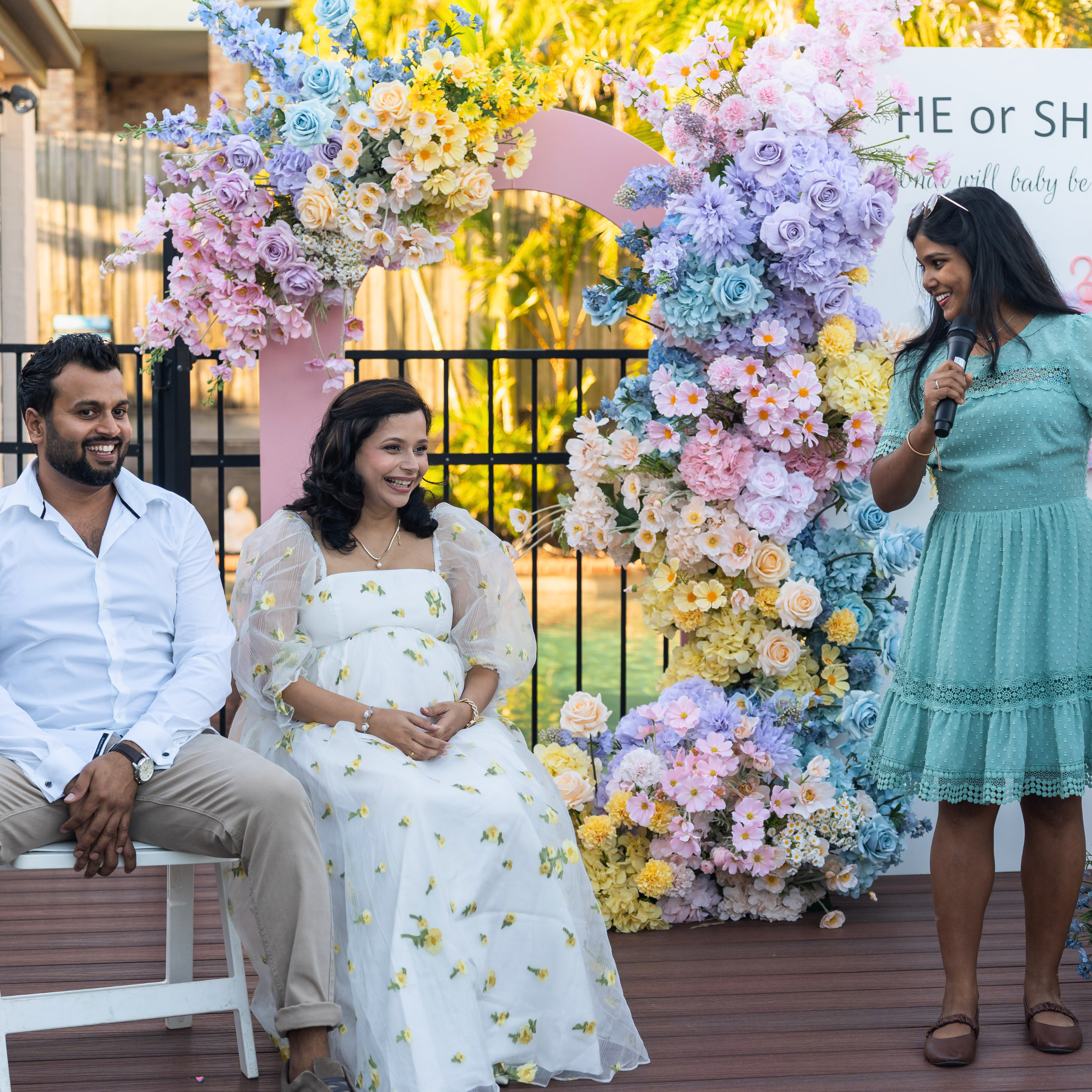 Lush & Lavish Events MC hosting Heena and Chirag’s Brisbane baby shower and gender reveal celebration with games, announcements and guest entertainment