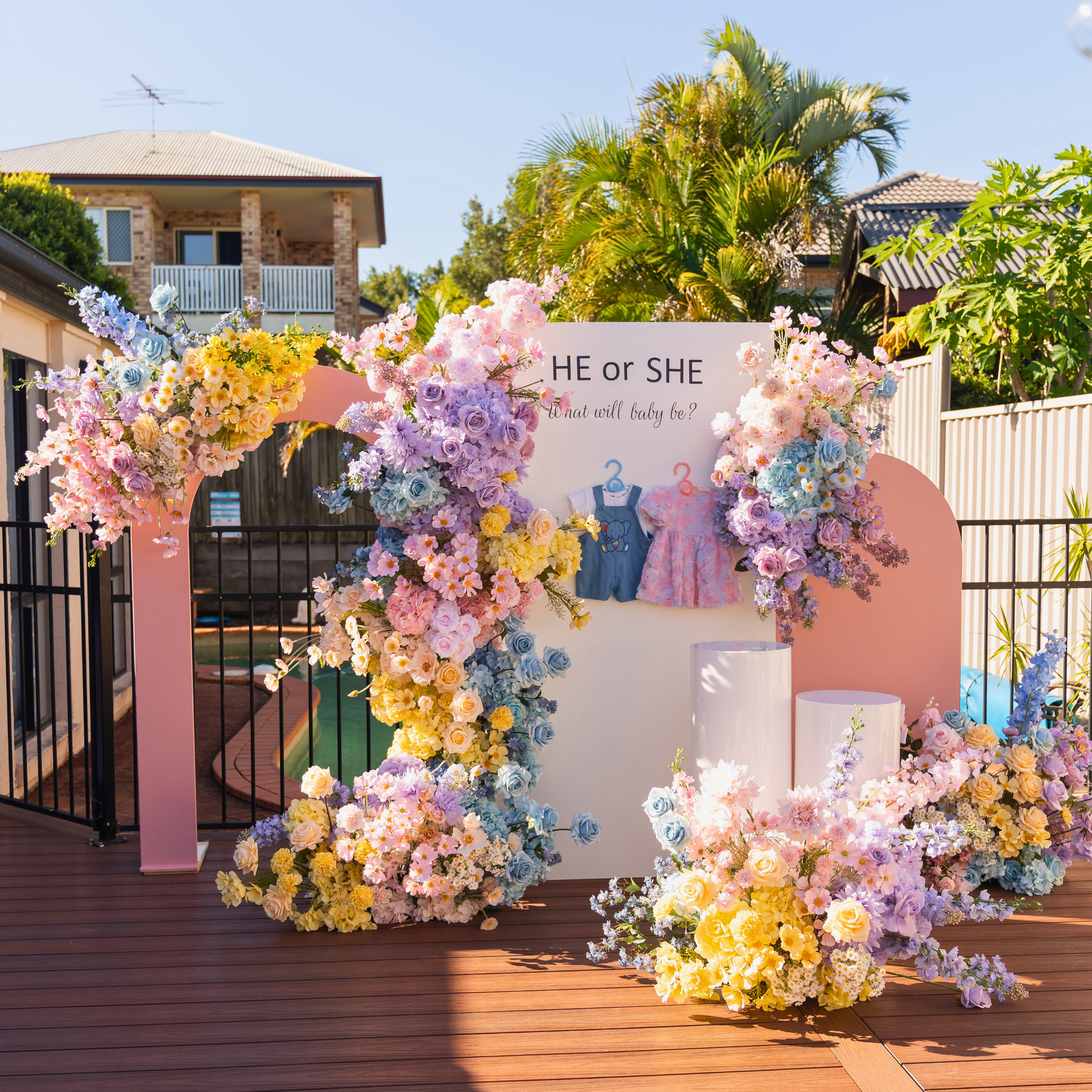 Luxury pastel floral baby shower and gender reveal styling by Lush & Lavish Events in Brisbane featuring arches, floral arrangements and elegant celebration décor