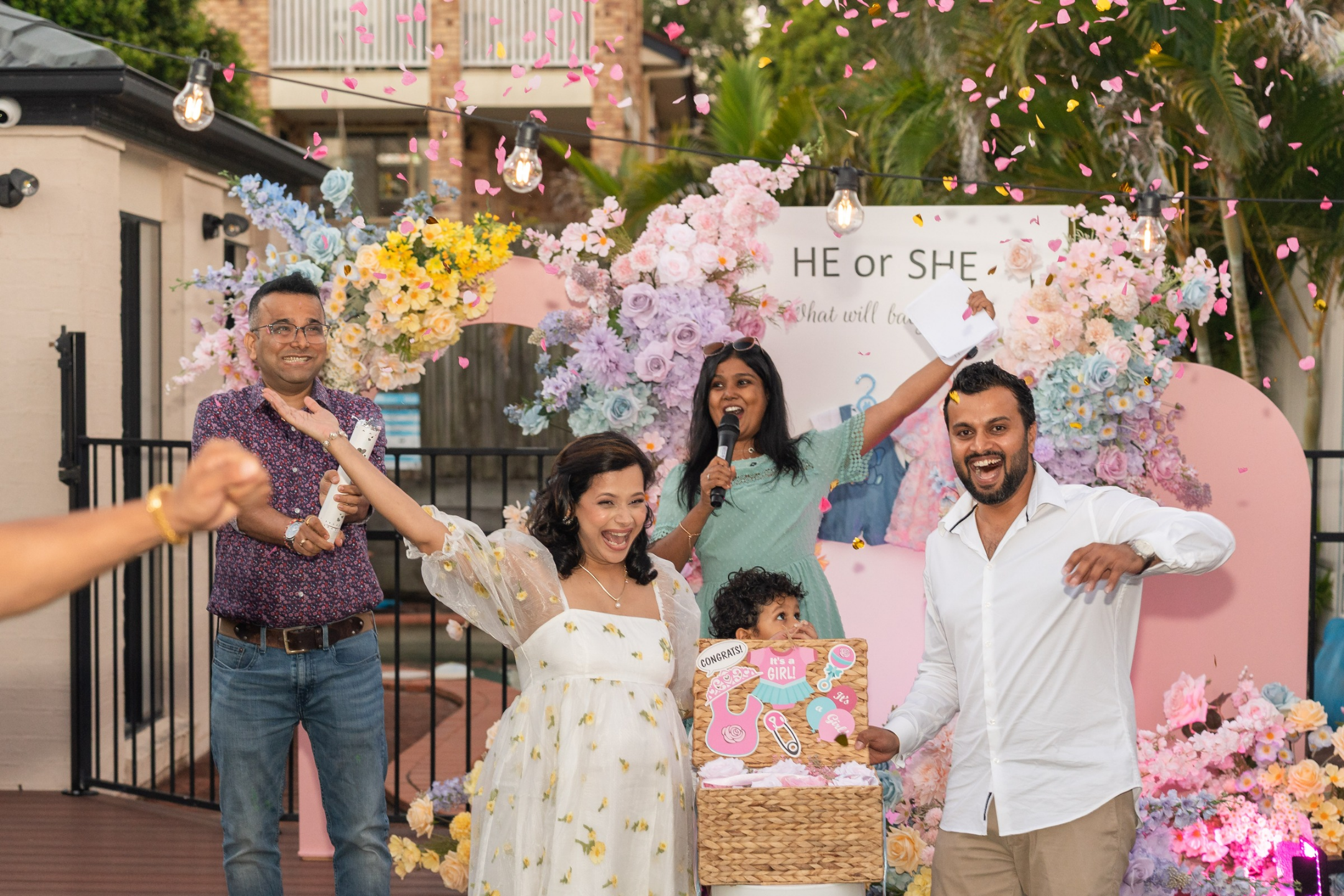 Lush & Lavish Events MC hosting Heena and Chirag’s Brisbane baby shower and gender reveal celebration with games, announcements and guest entertainment