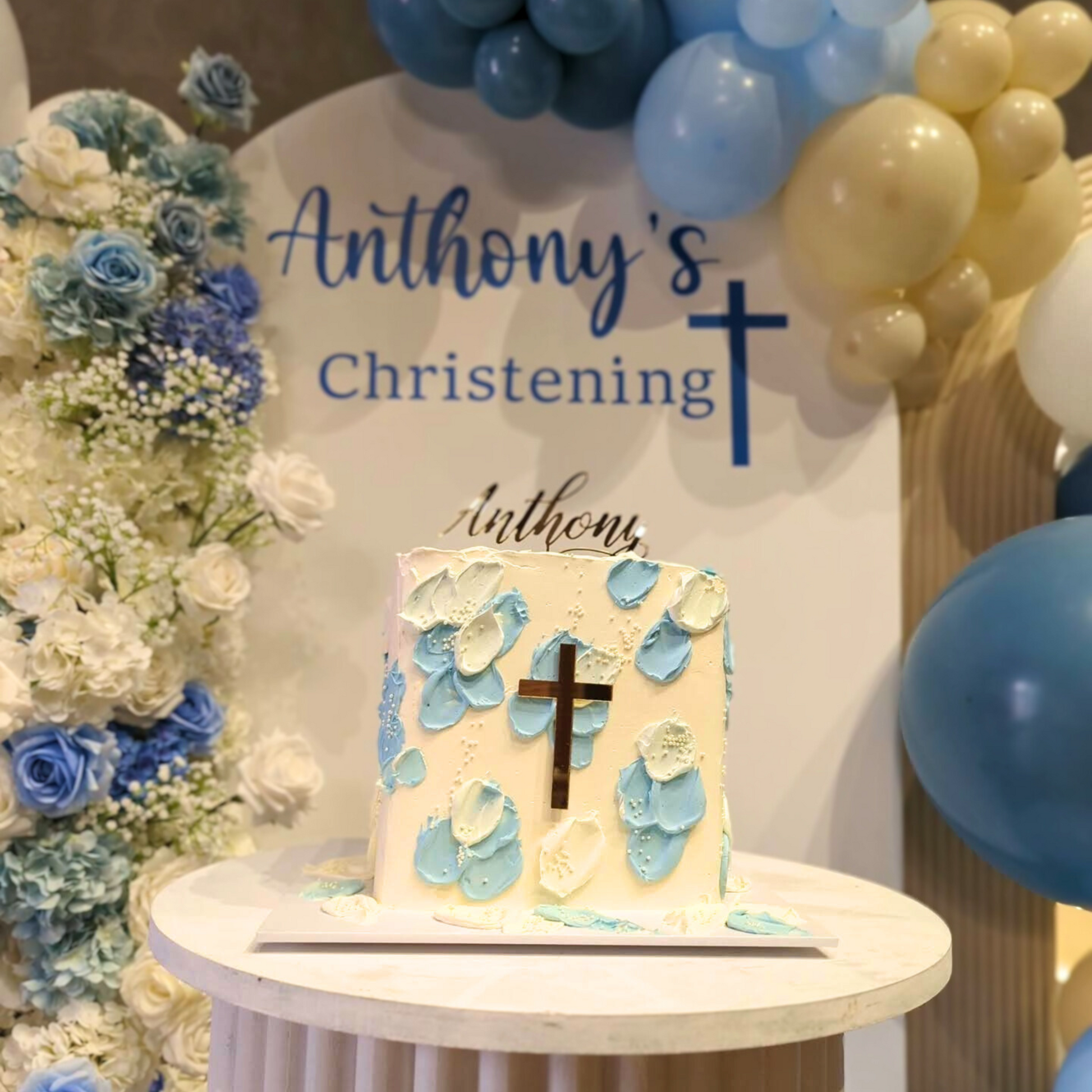 Blue white beige christening backdrop with balloons and floral arrangements. Prop hire, Prop hiring, Prop hire, event stylists Brisbane, brisbane event styling, brisbane event styling, event stylist Brisbane, Brisbane Wedding, Gold Coast Wedding, Floral Styling, Lush & Lavish Events, Brisbane Corporate Styling, Gold Coast Corporate Styling, Brisbane Brand Activation
