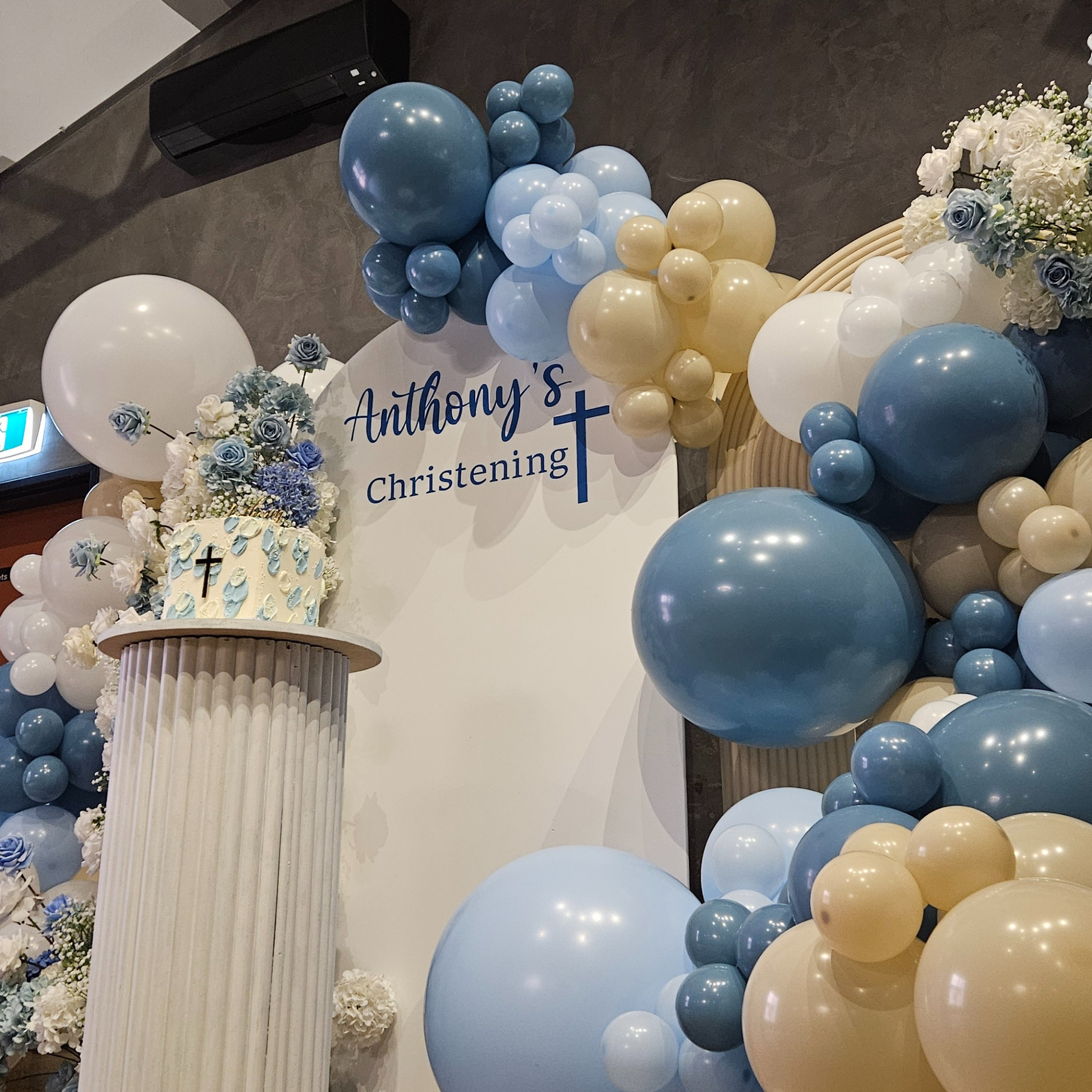 Blue white beige christening backdrop with balloons and floral arrangements. Prop hire, Prop hiring, Prop hire, event stylists Brisbane, brisbane event styling, brisbane event styling, event stylist Brisbane, Brisbane Wedding, Gold Coast Wedding, Floral Styling, Lush & Lavish Events, Brisbane Corporate Styling, Gold Coast Corporate Styling, Brisbane Brand Activation
