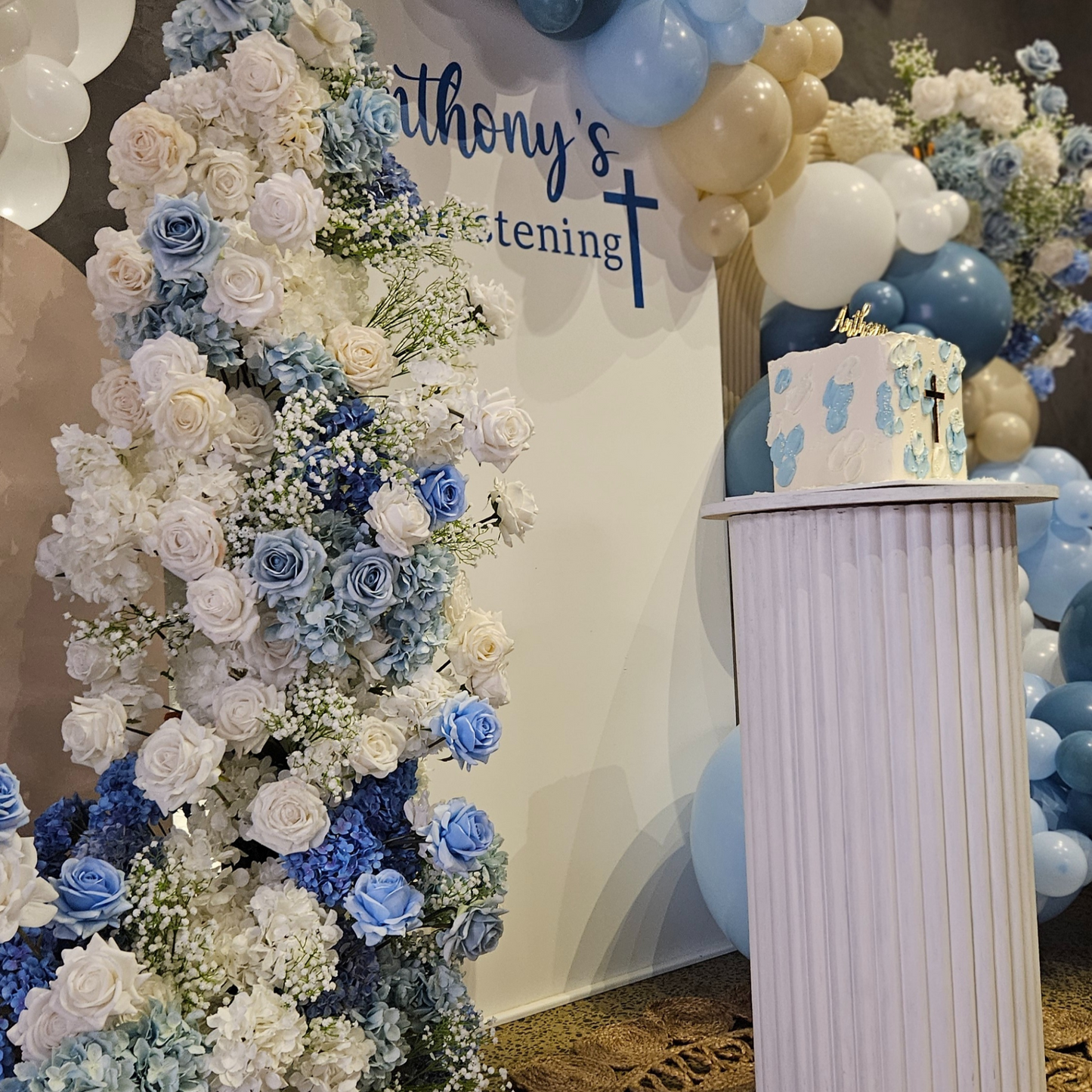 Blue white beige christening backdrop with balloons and floral arrangements. Prop hire, Prop hiring, Prop hire, event stylists Brisbane, brisbane event styling, brisbane event styling, event stylist Brisbane, Brisbane Wedding, Gold Coast Wedding, Floral Styling, Lush & Lavish Events, Brisbane Corporate Styling, Gold Coast Corporate Styling, Brisbane Brand Activation