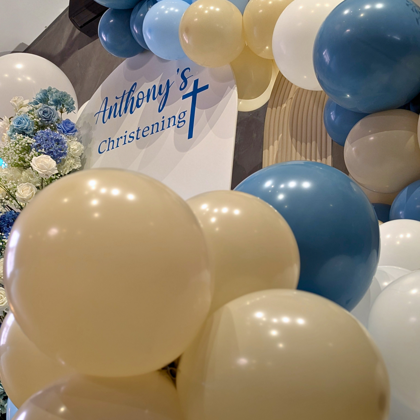 Blue white beige christening backdrop with balloons and floral arrangements. Prop hire, Prop hiring, Prop hire, event stylists Brisbane, brisbane event styling, brisbane event styling, event stylist Brisbane, Brisbane Wedding, Gold Coast Wedding, Floral Styling, Lush & Lavish Events, Brisbane Corporate Styling, Gold Coast Corporate Styling, Brisbane Brand Activation