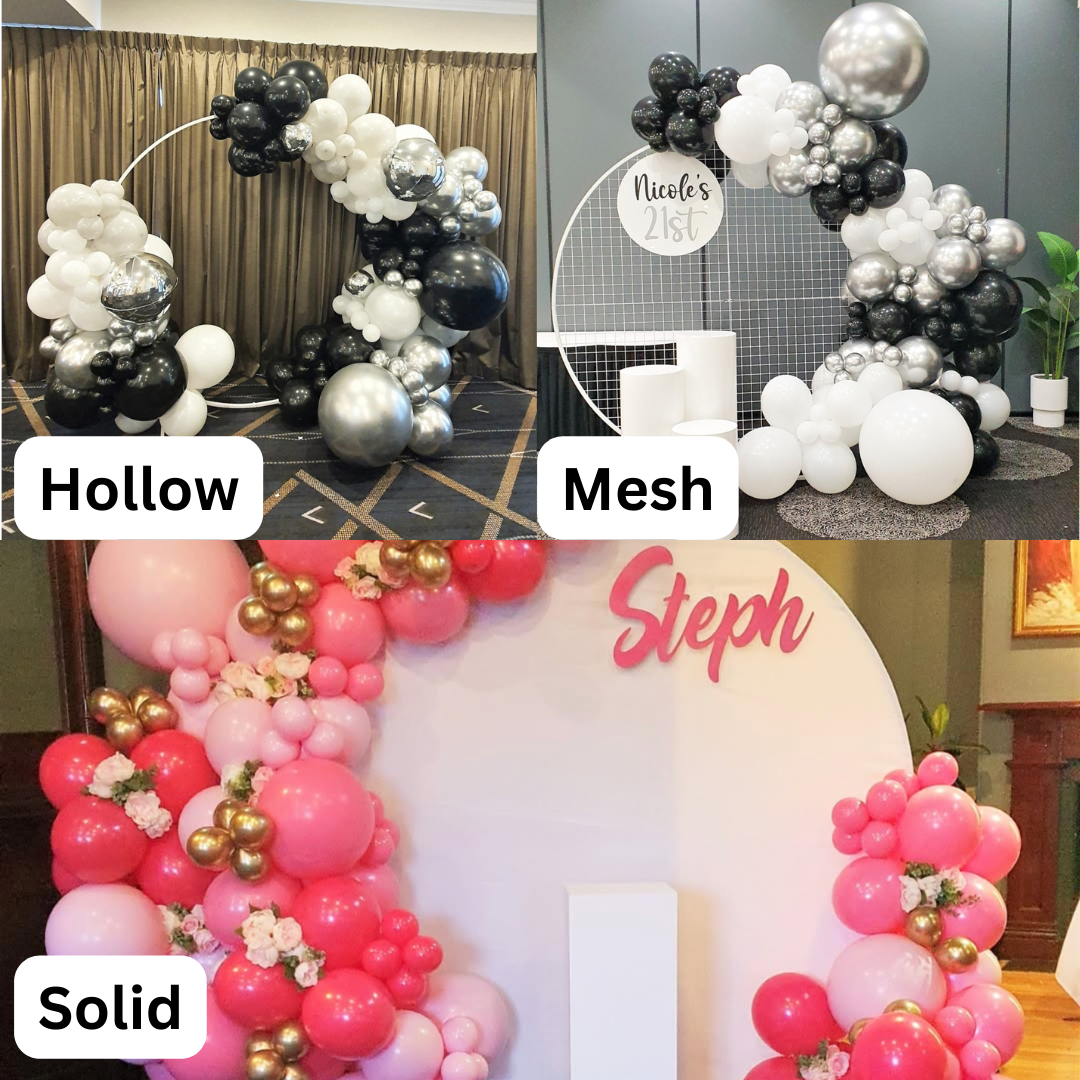 A guide which shows the difference mesh arch option which include hollow, mesh and solid options. Styled by Lush and Lavish Events a Brisbane and Gold Coast based event planning, event styling, Event MC services and on-the-day coordination business.