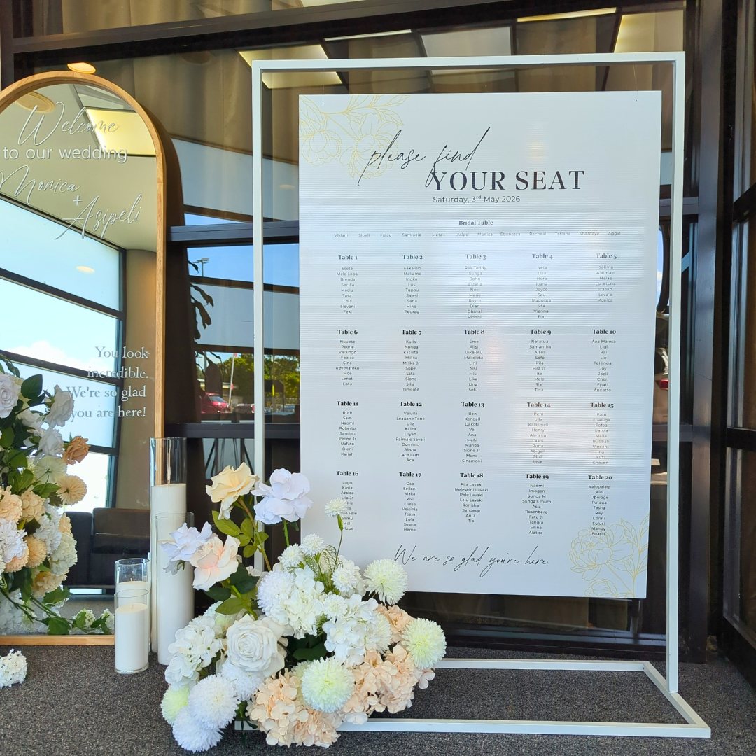 Seating chart for a wedding with floral decorations in front of large windows. 