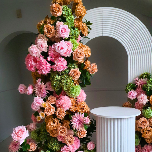 Luxurious floral arrangement with curved archway. Prop hire, Prop hiring, Prop hire, event stylists Brisbane, brisbane event styling, brisbane event styling, event stylist Brisbane, Brisbane Wedding, Gold Coast Wedding, Floral Styling, Lush & Lavish Events, Brisbane Tablescape, Gold Coast Tablescapes, Brisbane Candle Hire