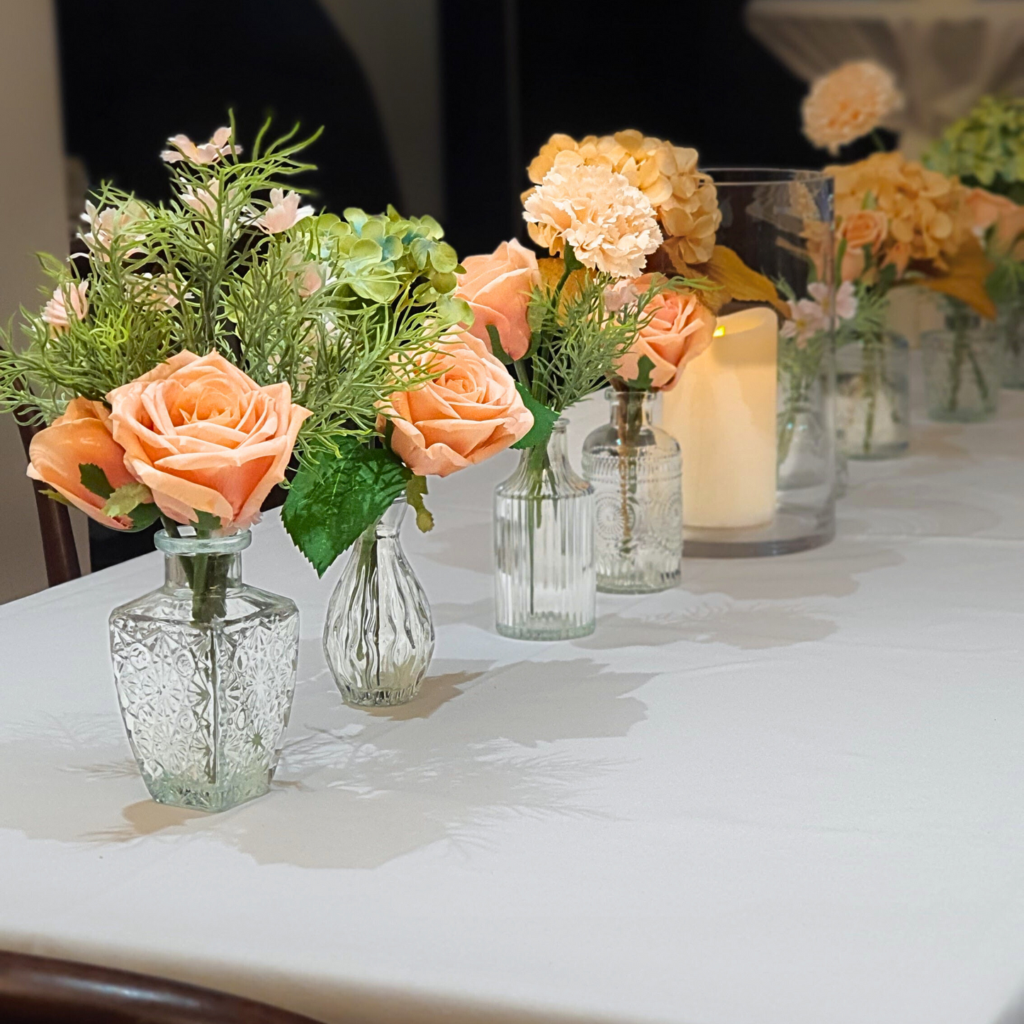 Elegant table setting with peach rose bud vases. Prop hire, Prop hiring, Prop hire, event stylists Brisbane, brisbane event styling, brisbane event styling, event stylist Brisbane, Brisbane Wedding, Gold Coast Wedding, Floral Styling, Lush & Lavish Events, Brisbane Tablescape, Gold Coast Tablescapes, Brisbane Candle Hire