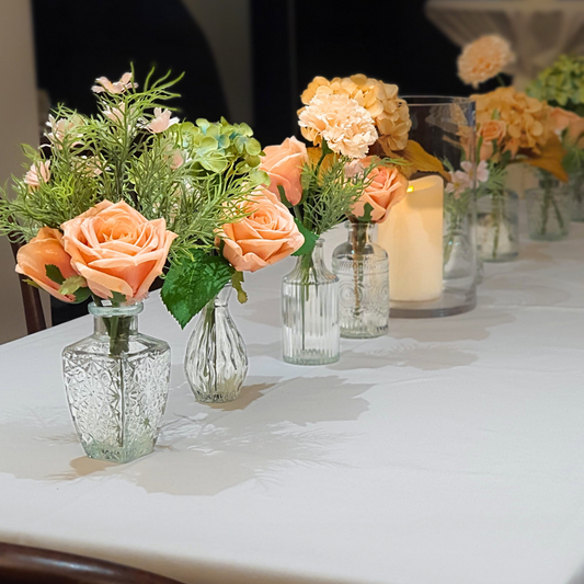 Elegant table setting with peach rose bud vases. Prop hire, Prop hiring, Prop hire, event stylists Brisbane, brisbane event styling, brisbane event styling, event stylist Brisbane, Brisbane Wedding, Gold Coast Wedding, Floral Styling, Lush & Lavish Events, Brisbane Tablescape, Gold Coast Tablescapes, Brisbane Candle Hire